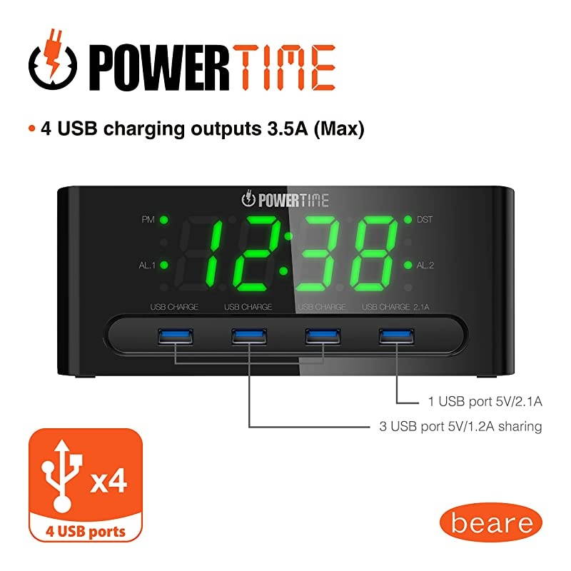 Alarm Clock with USB Charger 4 USB Port for iPhoneiPadiPodAndroid PhoneTablet and All USBCharged Devices Hotel Commercial Grade Bedside Table Clock