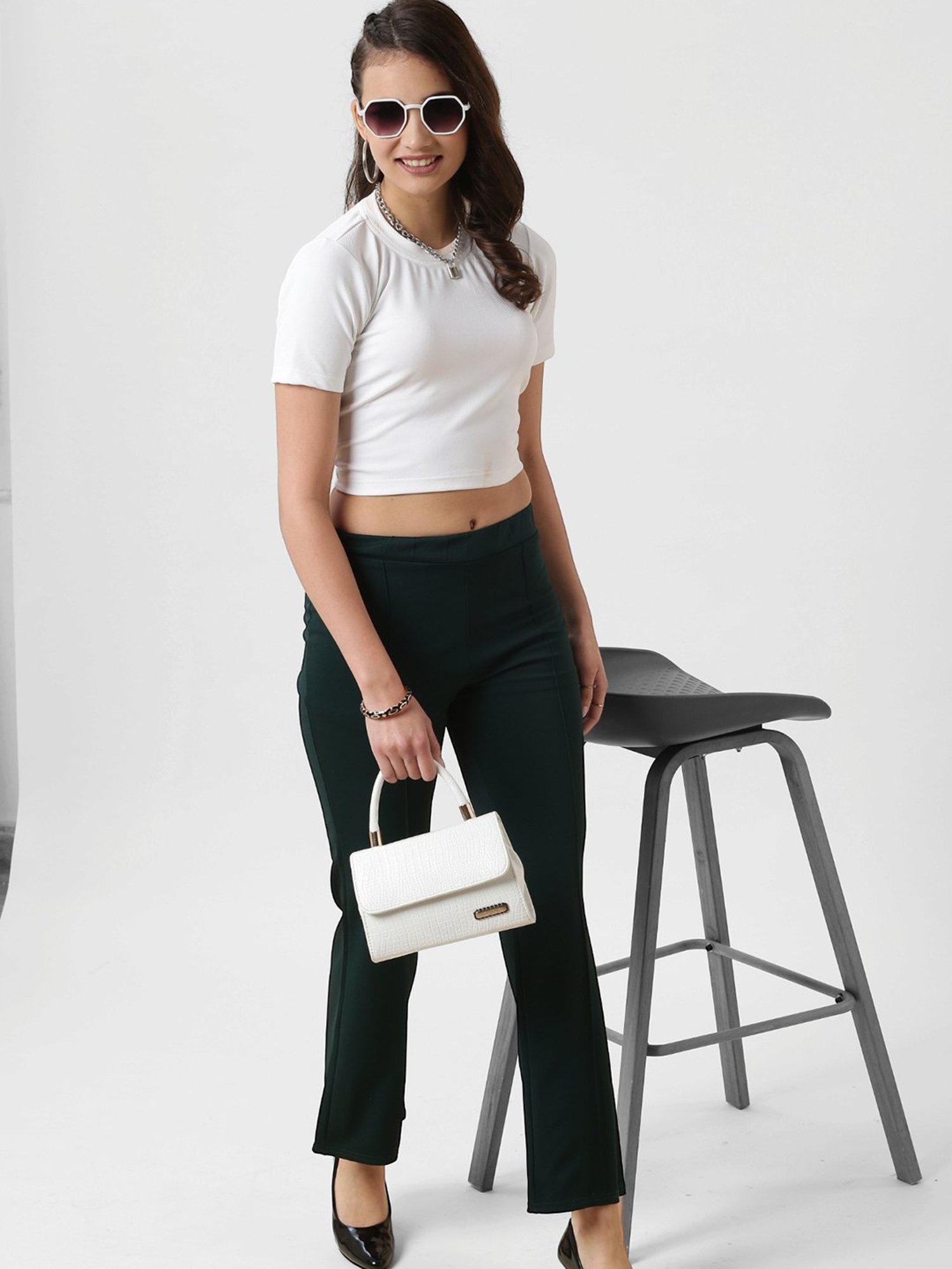 FITHUB Green Relaxed Fit High Rise Bootcut Trousers