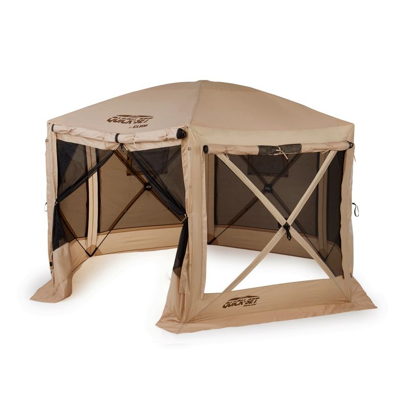 CLAM Quick-Set Pavilion 12.5 x 12.5 Foot Portable Pop-Up Outdoor Camping Gazebo Screen Tent 6 Sided Canopy Shelter with Ground Stakes & Carry Bag, Tan