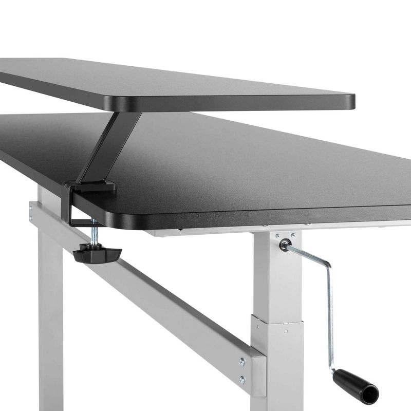 Tranzendesk Standing Desk with Clamp-On Shelf - 55" Sit to Stand Workstation with 55" Monitor Stand - Black with Silver Legs - Stand Steady