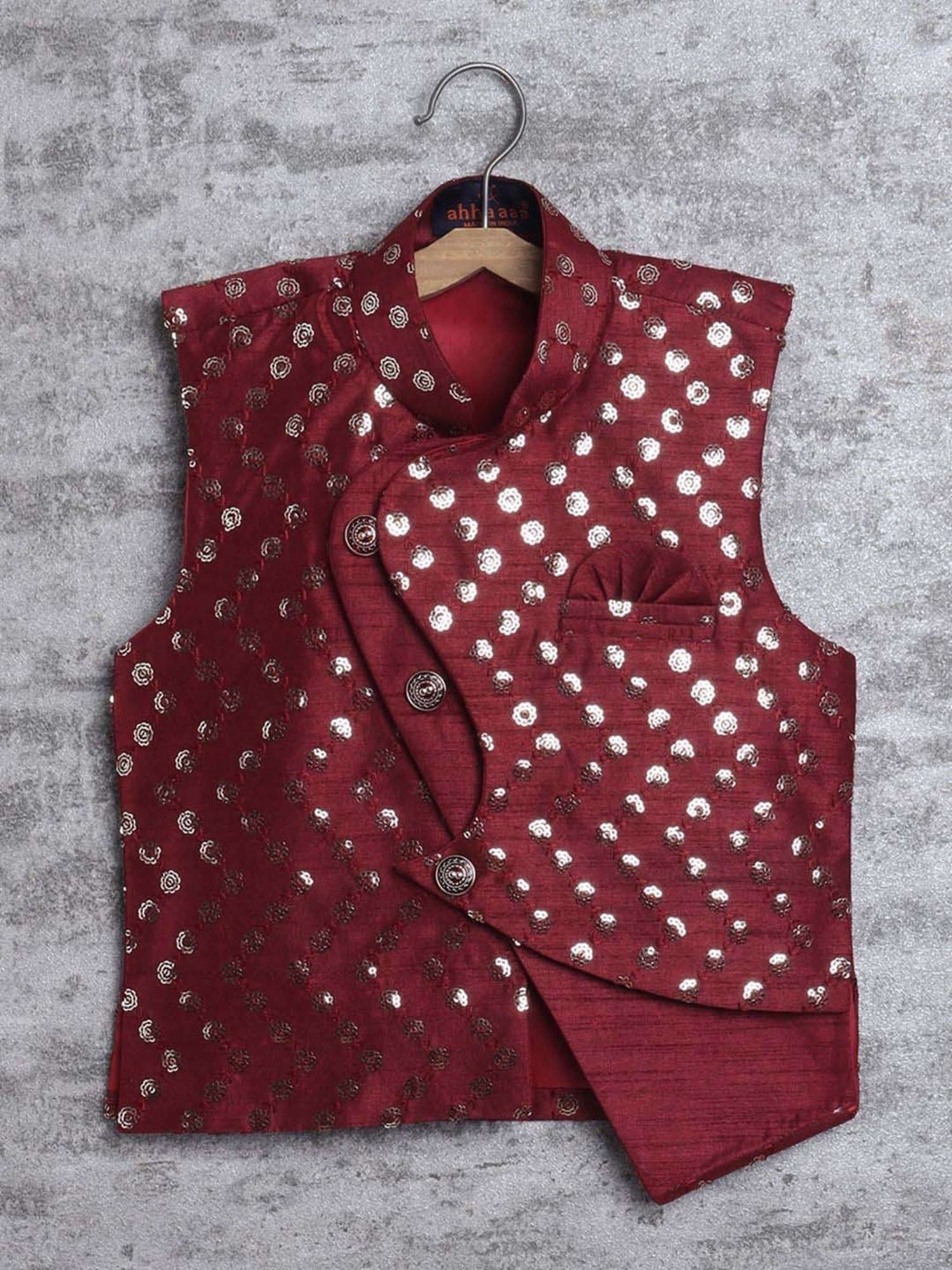 Ahhaaaa Kids Maroon Embellished Full Sleeves Kurta Set