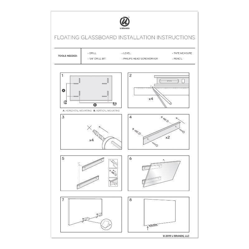 U Brands Floating Glass Dry Erase Board, 72 x 48, White 3979U0001