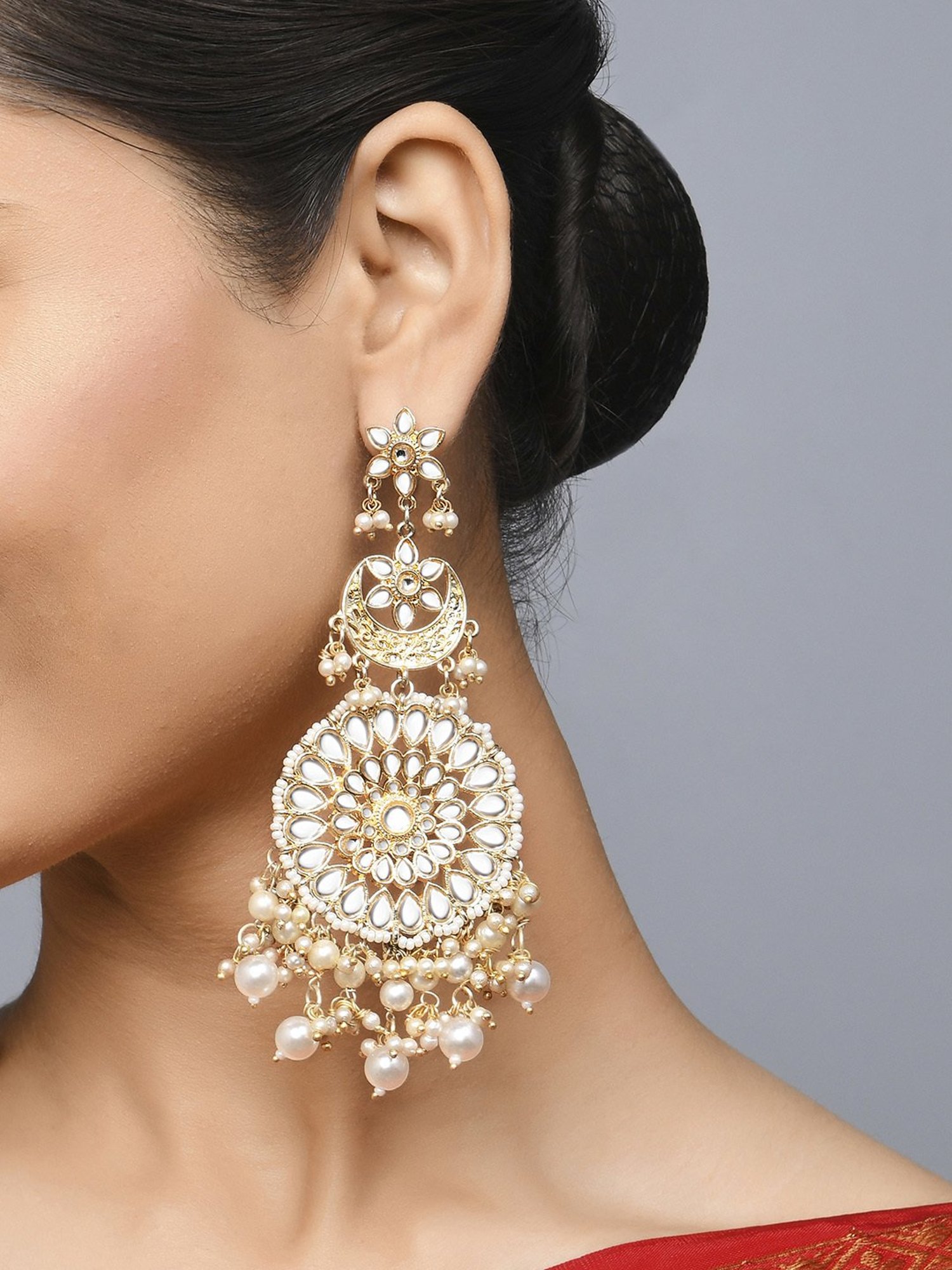 Fida Floral Chand Golden and Pearl White Dangler Earrings