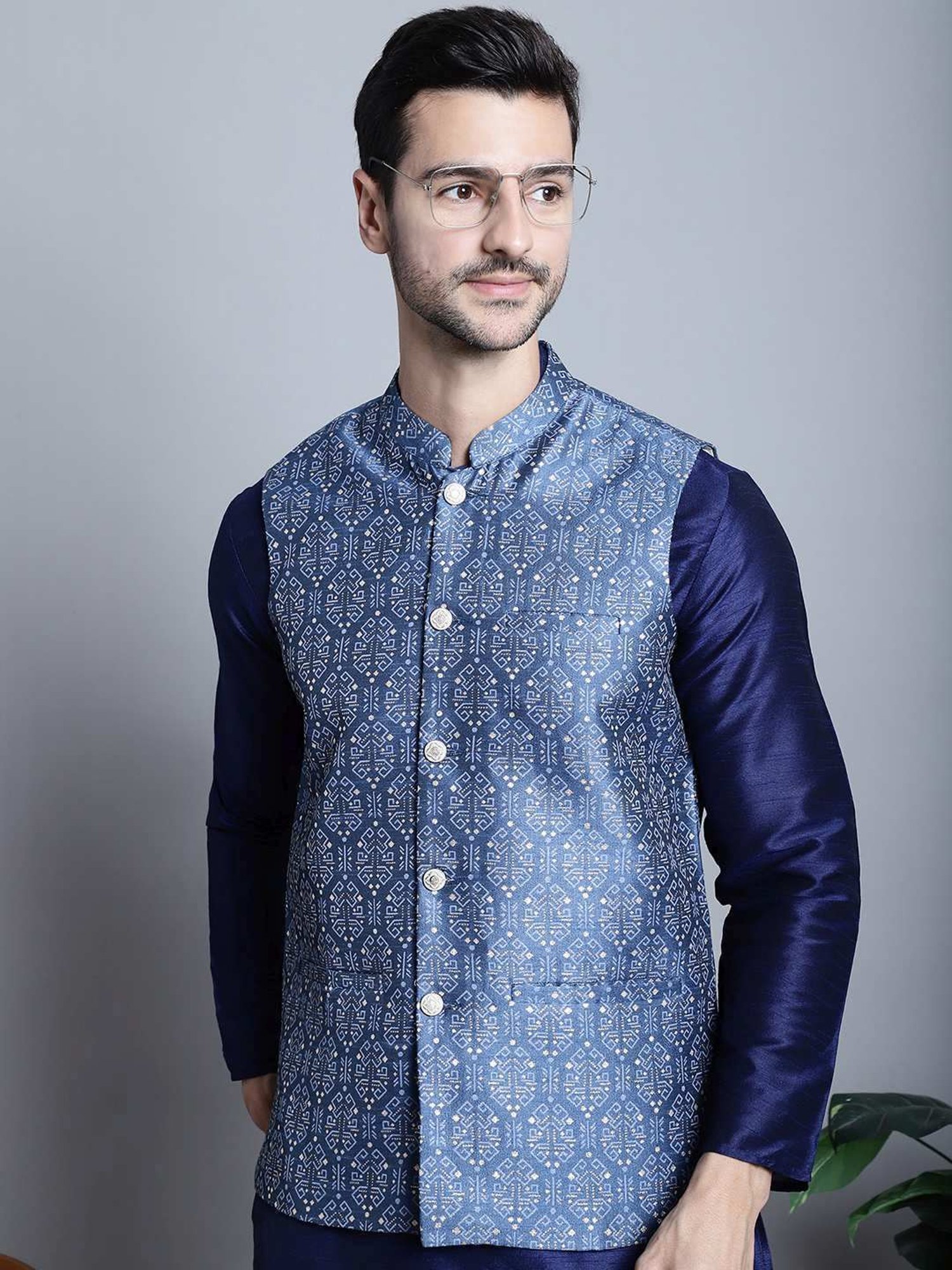 Jompers Blue  Regular Fit Printed Nehru Jacket