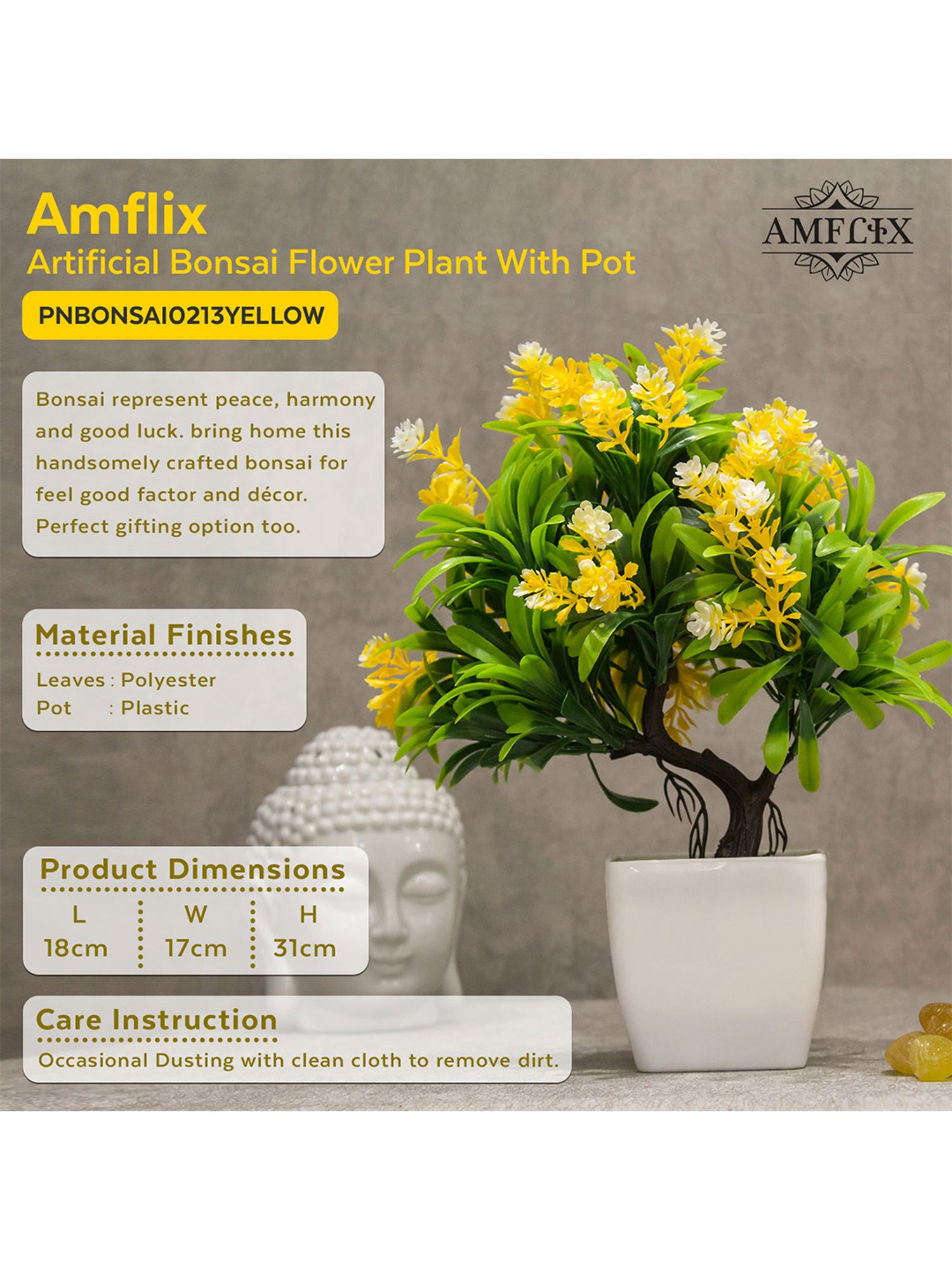 Amflix Yellow Artificial Bonsai Flower Plant With Pot