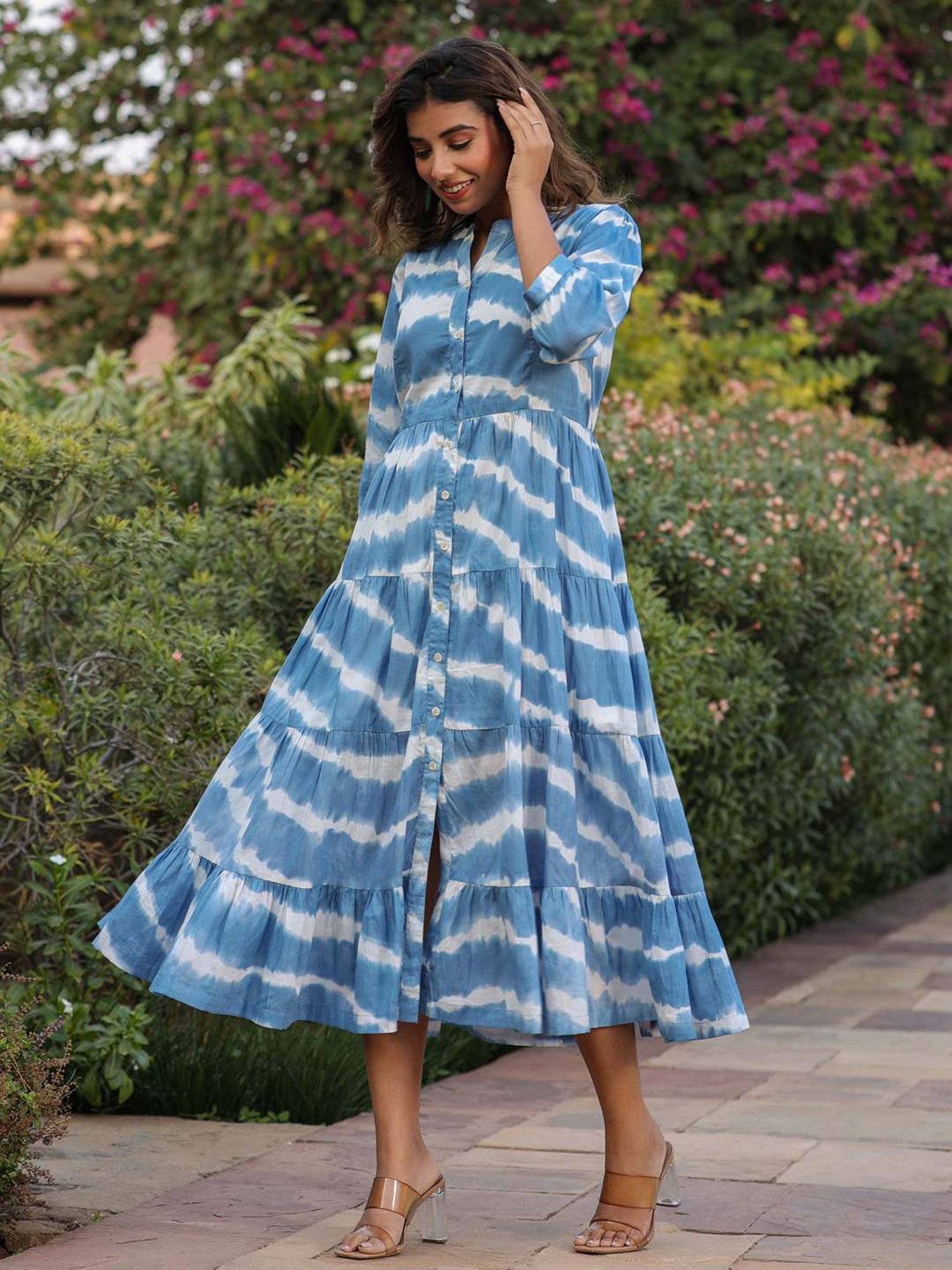 Rain and Rainbow Blue Cotton Tie & Dye A-Line Dress