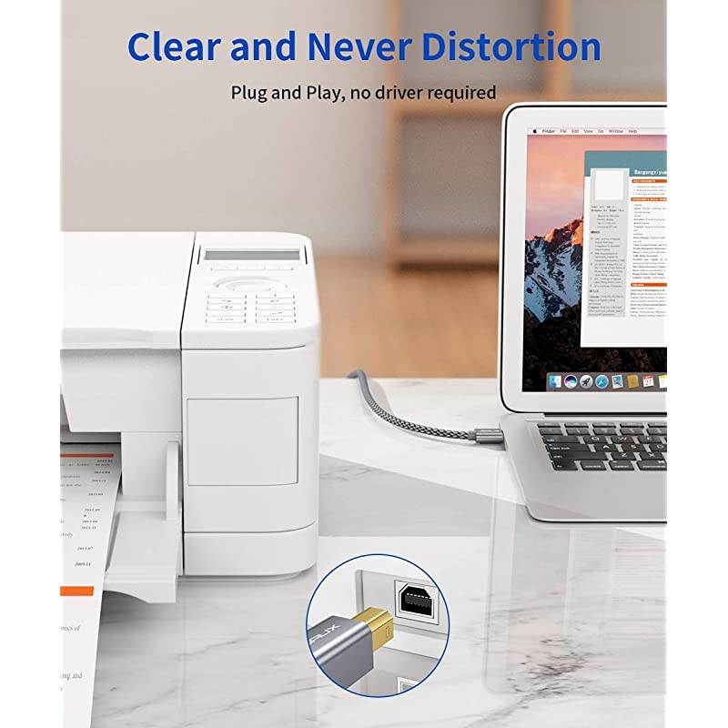 Cable JSAUX 66FT USB Cord 20 Type A Male to B Male Cable Scanner Cord High Speed Compatible with HP Canon Dell Epson Lexmark Xerox Samsung and More Grey