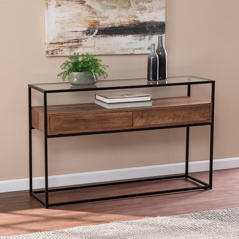 Slehidi Glass Top Console Table with Storage Black/Natural - Aiden Lane