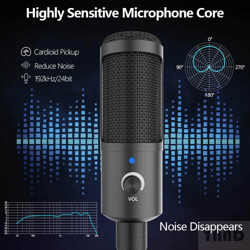 USB Microphone,  Metal Condenser Recording Microphone for Laptop MAC or Windows Cardioid Studio Recording Vocals, Voice Overs,Streaming Broadcast and YouTube Videos