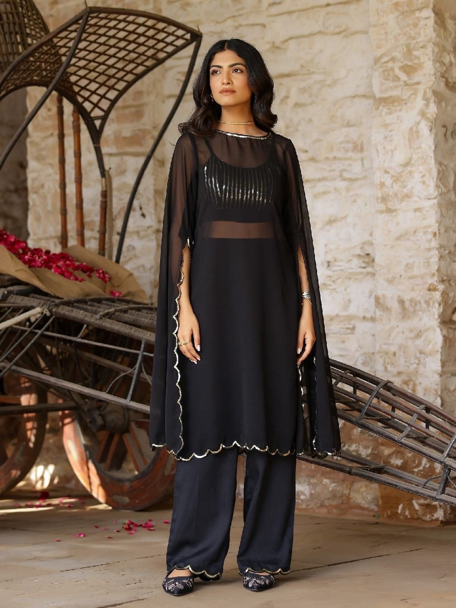 Gulaal Black Sequin Detailed Gorgette Kurta with Bralet and Pant