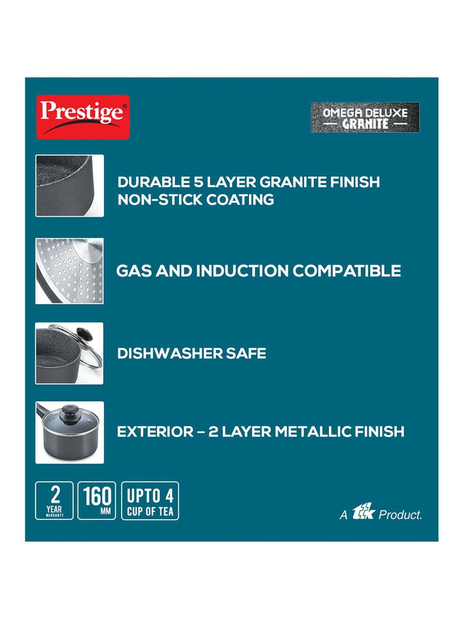 Prestige Omega Black Deluxe Granite 160 mm Milk Pan with Lid - Set of 1