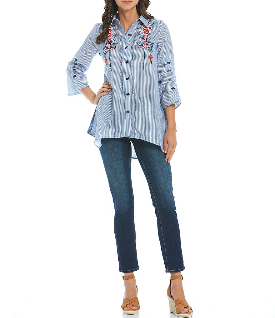 Calessa Embroidered Front Button 3/4 Detail Sleeve Tunic