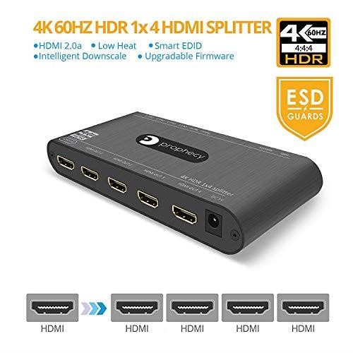 Prophecy HDMI Splitter 4K 60Hz HDR 1x4 YUV 444 3D HDMI 20a HDCP 22 EDID 18Gbps Auto Scaling Low Heat Cascadable Firmware Upgradable 4 Port 1 in 4 Out