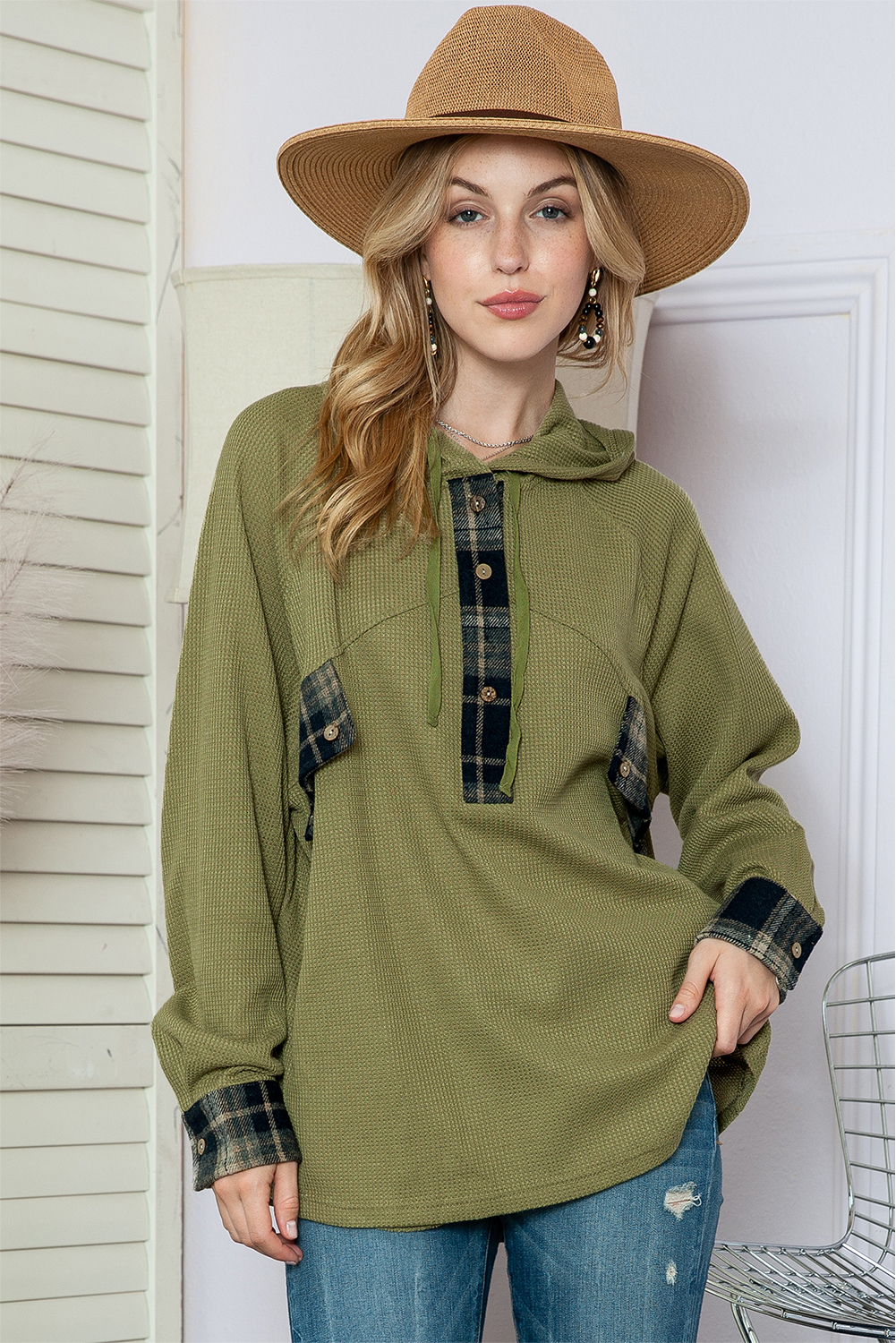 Green Waffle Knit and Flannel Henley Oversized Hoodie