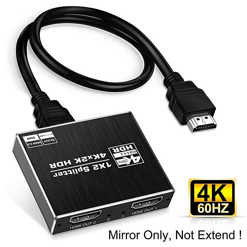 4K@60Hz HDMI Splitter 1 in 2 Out,  Aluminum HDMI Splitter for Dual Monitors Duplicate/Mirror with Same Image, 1x2 HDMI2.0b Splitter HDCP2.2 for Xbox, PS5, Roku (1 Source onto 2 Displays)