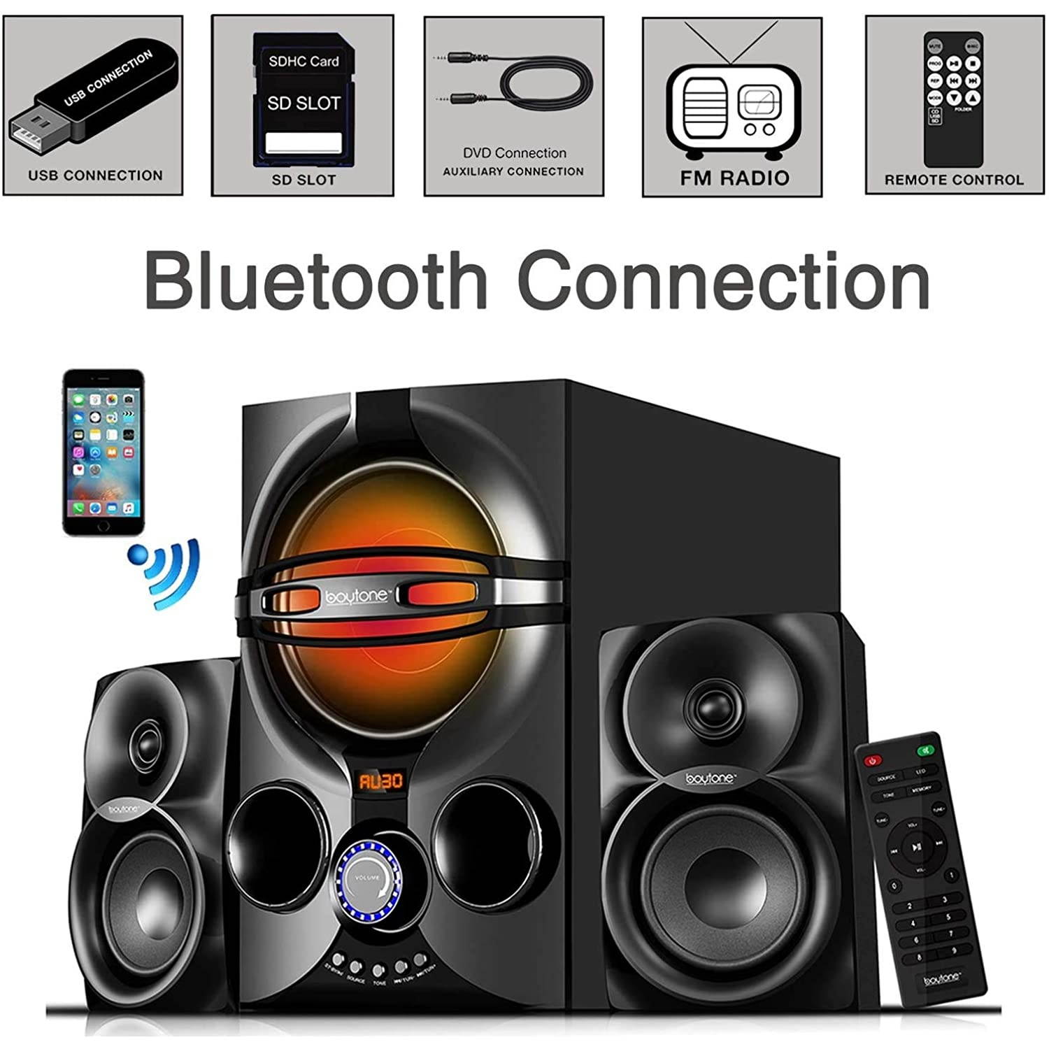 Boytone BT-424FN, 2.1 Multimedia Bluetooth Speaker System Powerful Shelf Stereo Wired Systems, FM, SD Slot, USB Port, MP3 Format, 40 Watts, Reactive LED Light, Remote Control, for Smartphone, Tablet