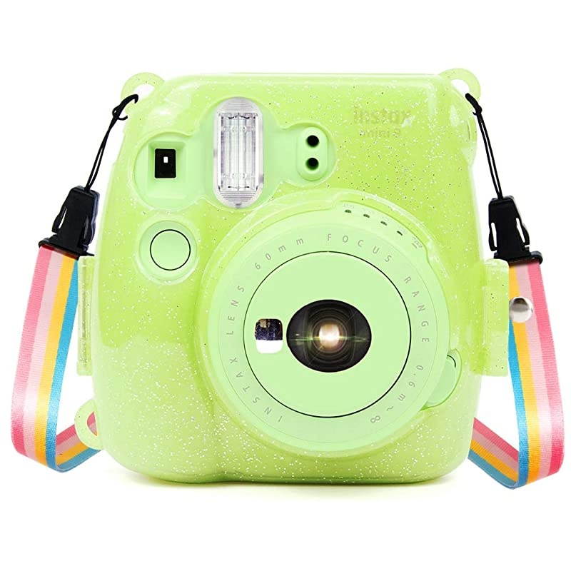 Clear Camera Case w Adjustable Rainbow Shoulder Strap Compatible with Fugifilm Instax Mini 8Mini 8+Mini 9 Instant Camera Green