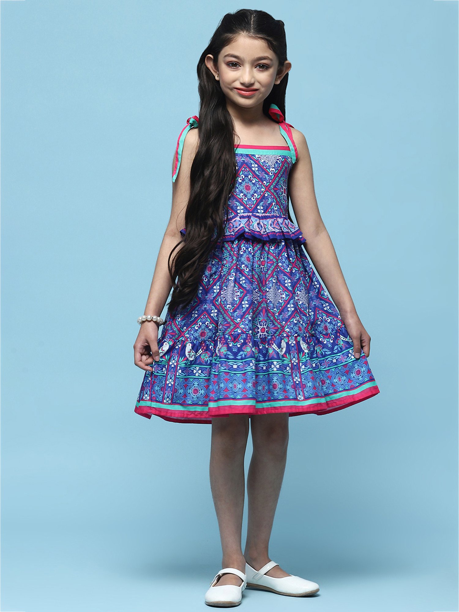 BIBA Girls Blue Printed Dress