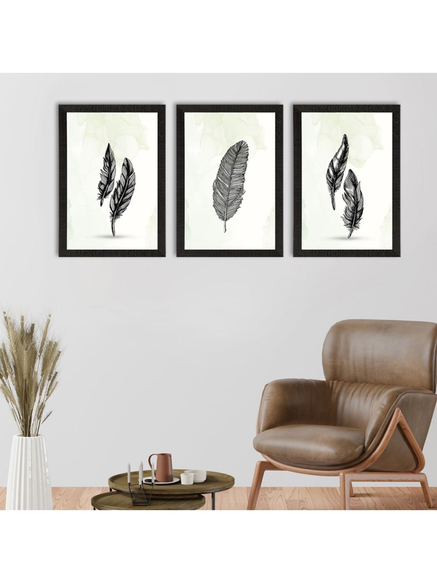 eCraftIndia Feather Line Art Set of 3 Satin Matt Texture UV Art Painting