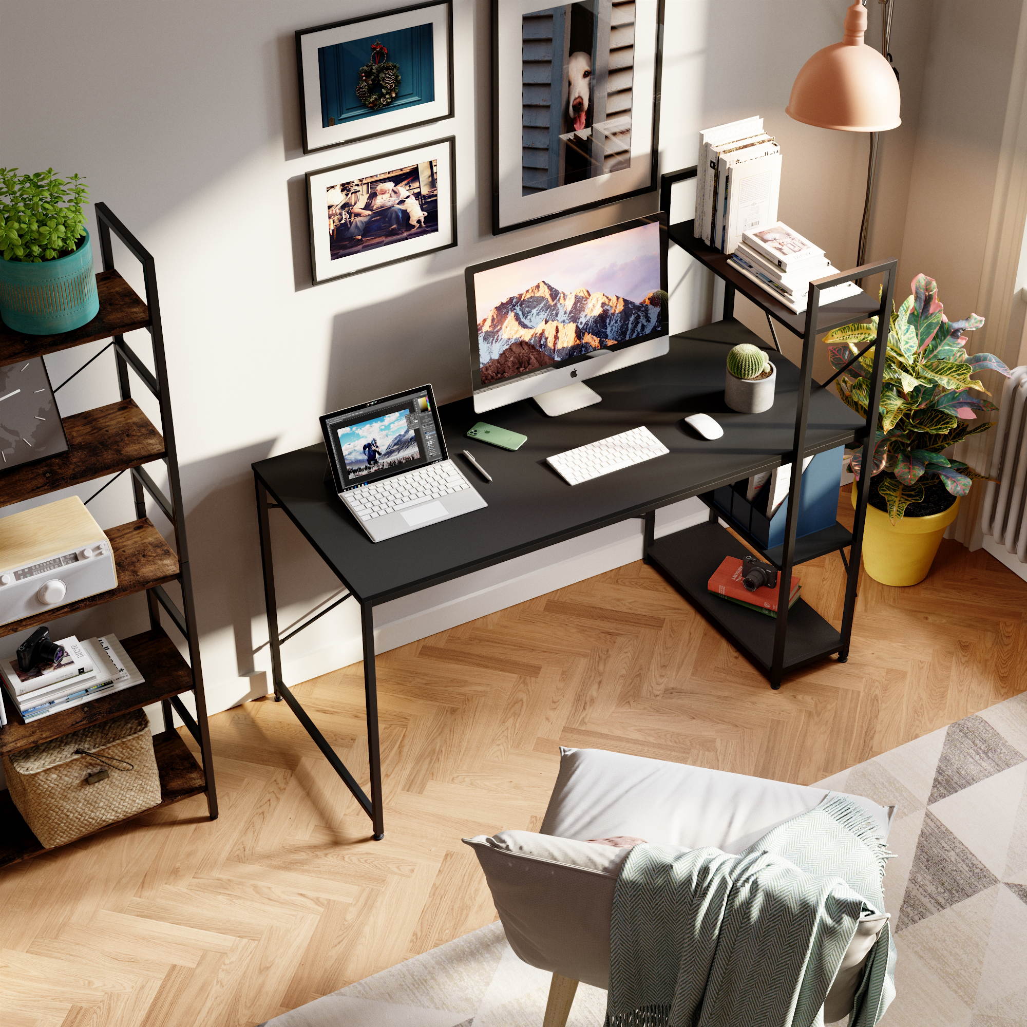 Bestier 63 Inch Computer Desk with Storage Shelves, Modern Bookshelf Desk with Headphone Hook Large Workstation Writing Desk with Reversible Bookshelves Home Office Work Table Study Desk Grey