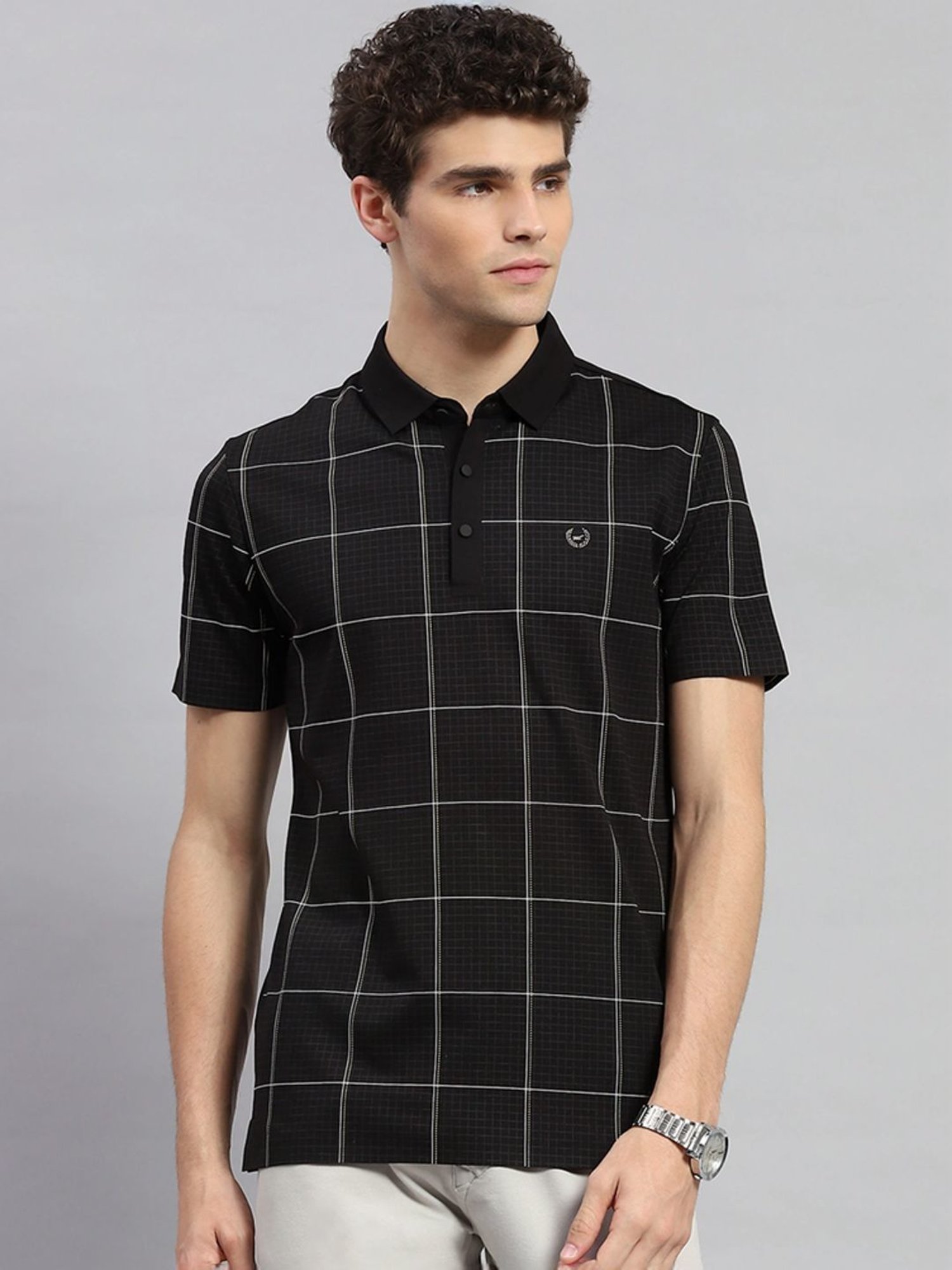 Monte Carlo Black Regular Fit Checks Polo T-Shirt