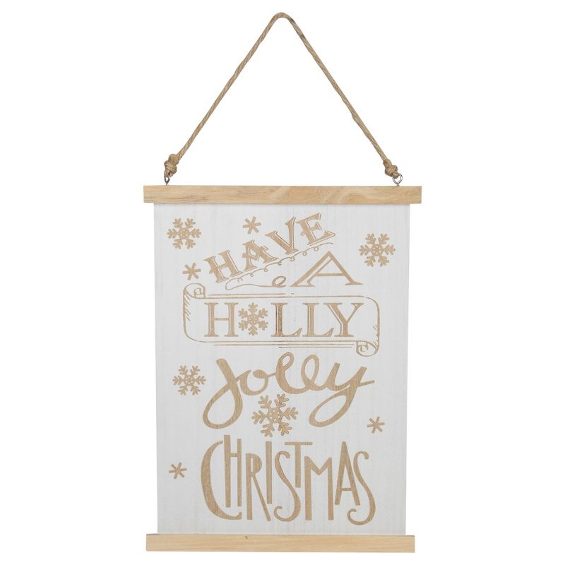 Northlight 12" White Wooden Holly Jolly On Jute Rope Christmas Sign