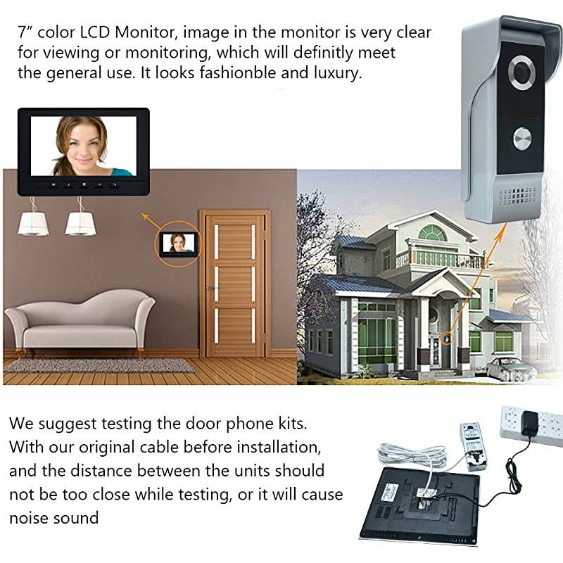Video Intercom System, 7 Inches Video Doorbell Door phone System, Wired Video Door Phone HD Camera kits Dual-way Intercom for Villa House Office Apartment 1-IR camera 2-LCD color monitor