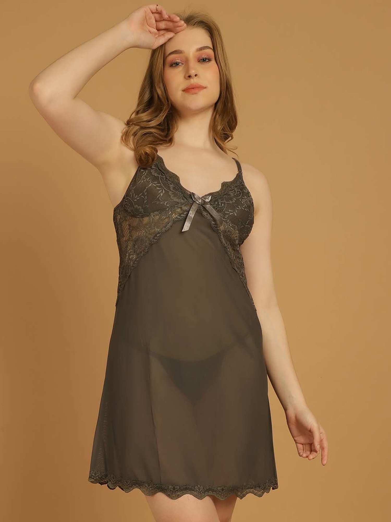 Stylee LIFESTYLE Brown Lace Work Babydoll With Brief