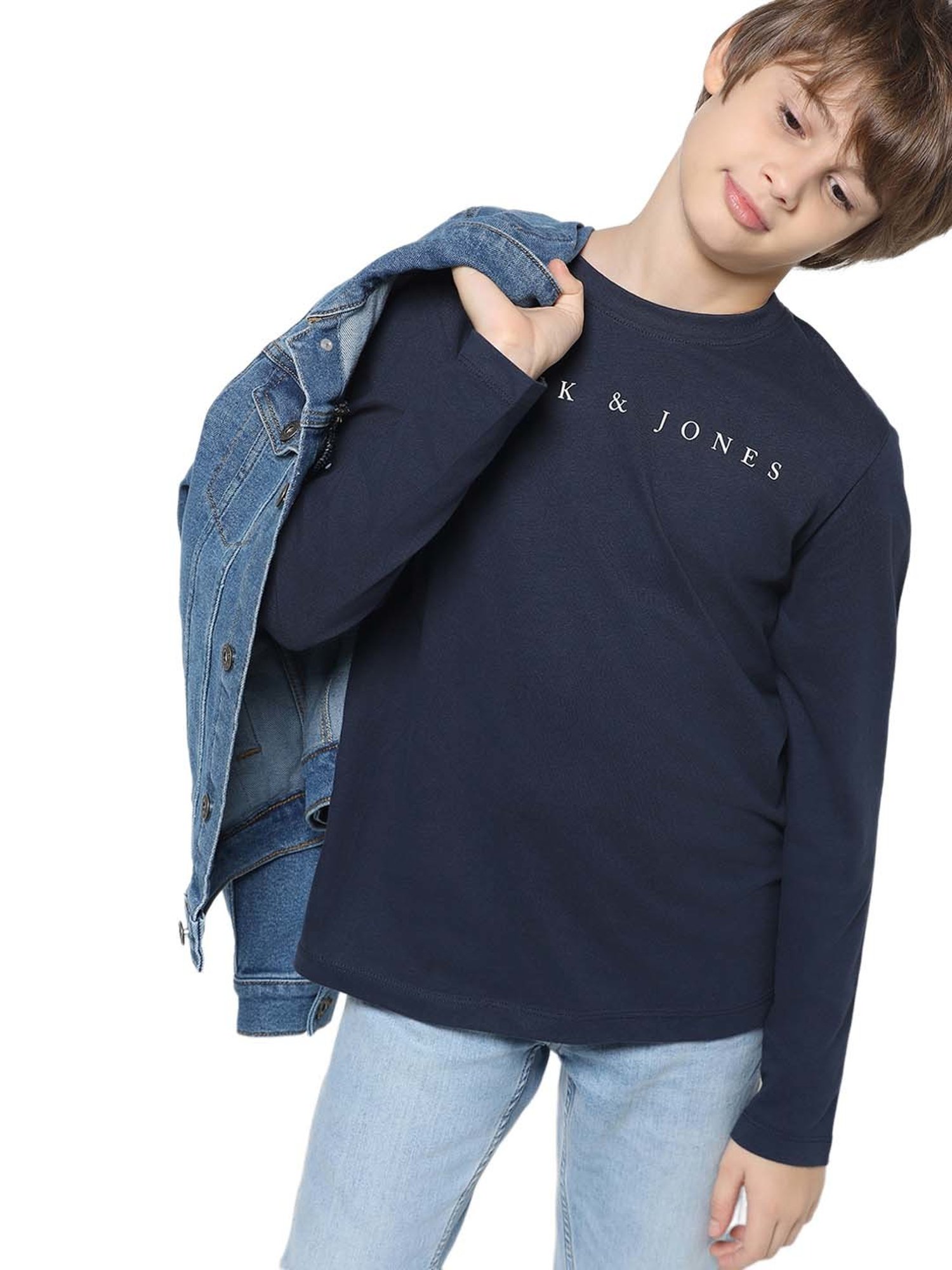 Jack & Jones Junior Navy Cotton Printed Full Sleeves T-Shirt