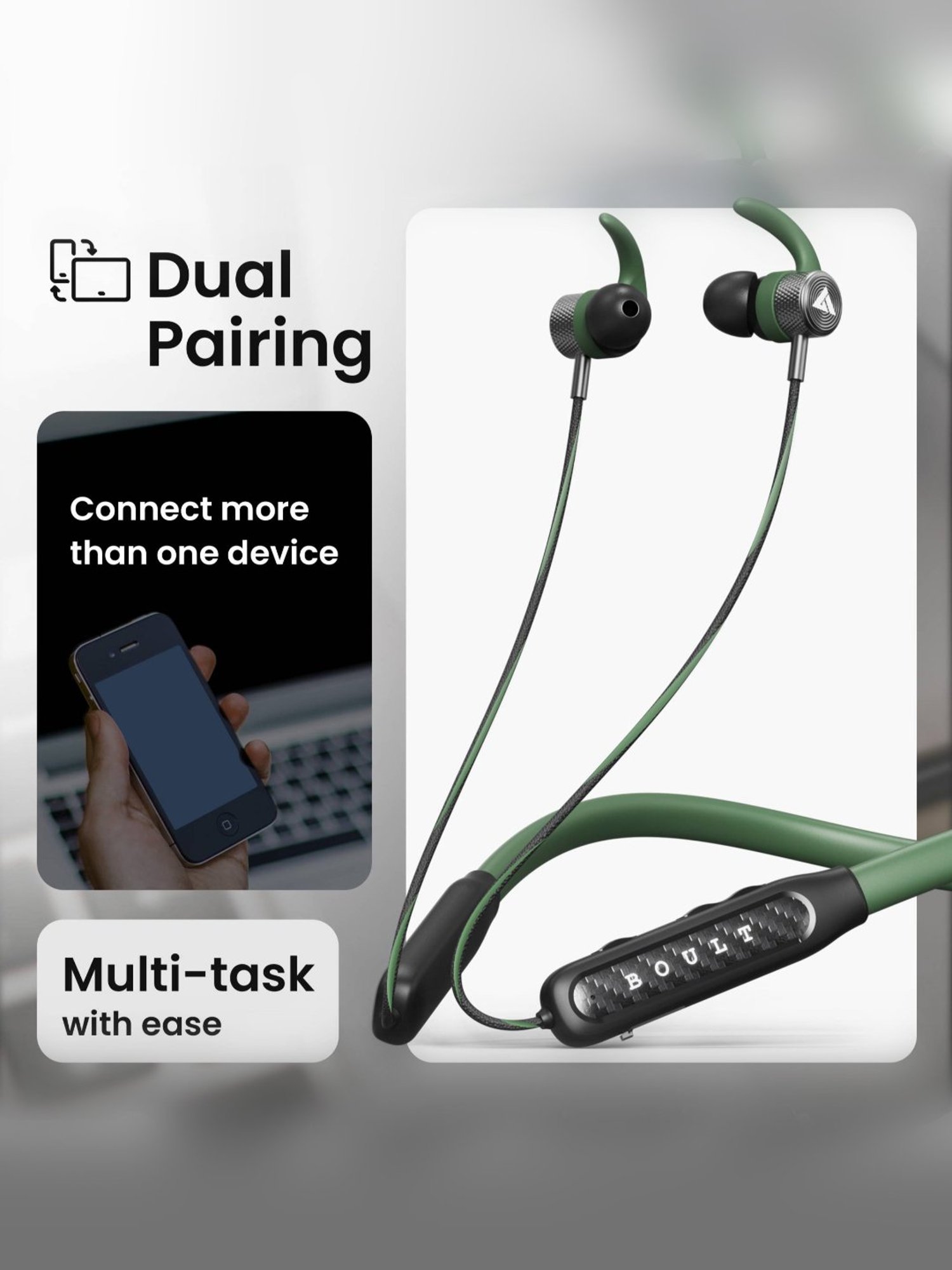 Boult Audio Rcharge Neckband with 30Hrs Playtime, ENC Mic, Dual Device Pairing (Green, In the Ear)