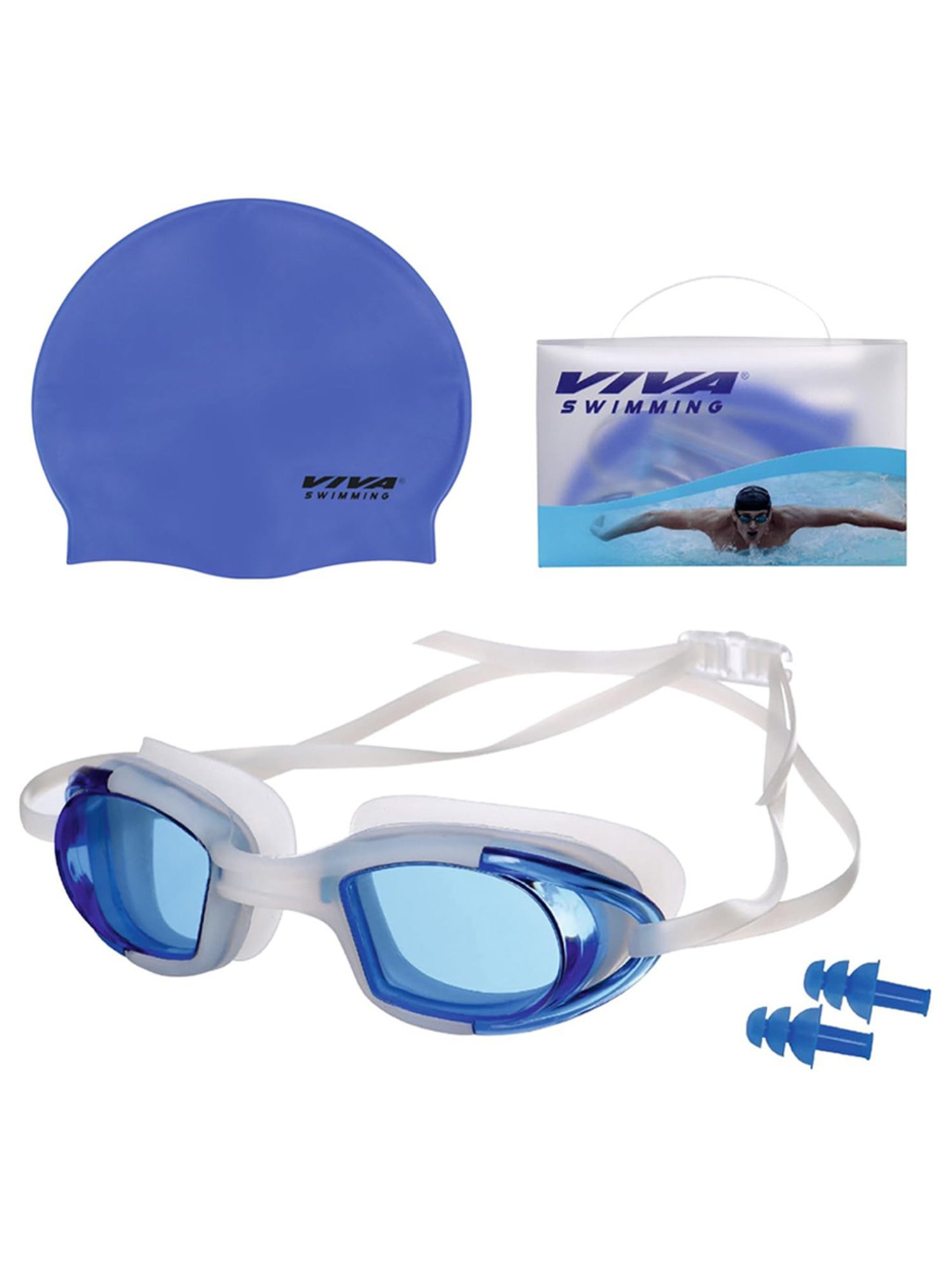 Viva Swimming Wide lense Swimming Goggles Combo Set (Blue)