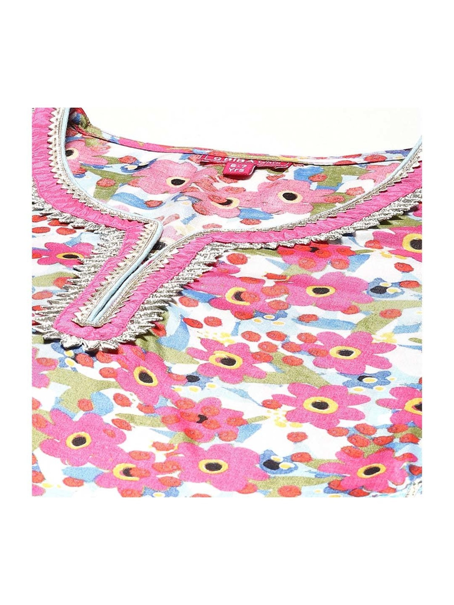 BIBA Girls Pink Floral Print Full Sleeves Kurta Set