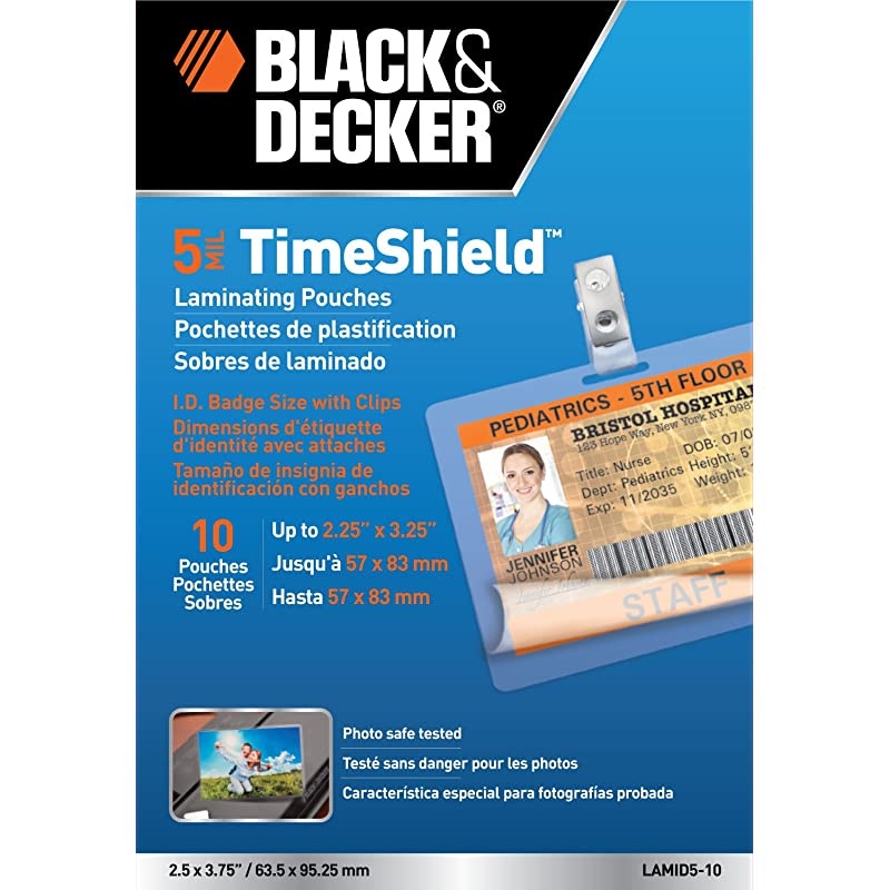 and Decker TimeShield Thermal Laminating Pouches, ID Badge with Clips, 5 mil - 10 Pack (LAMID5-10)