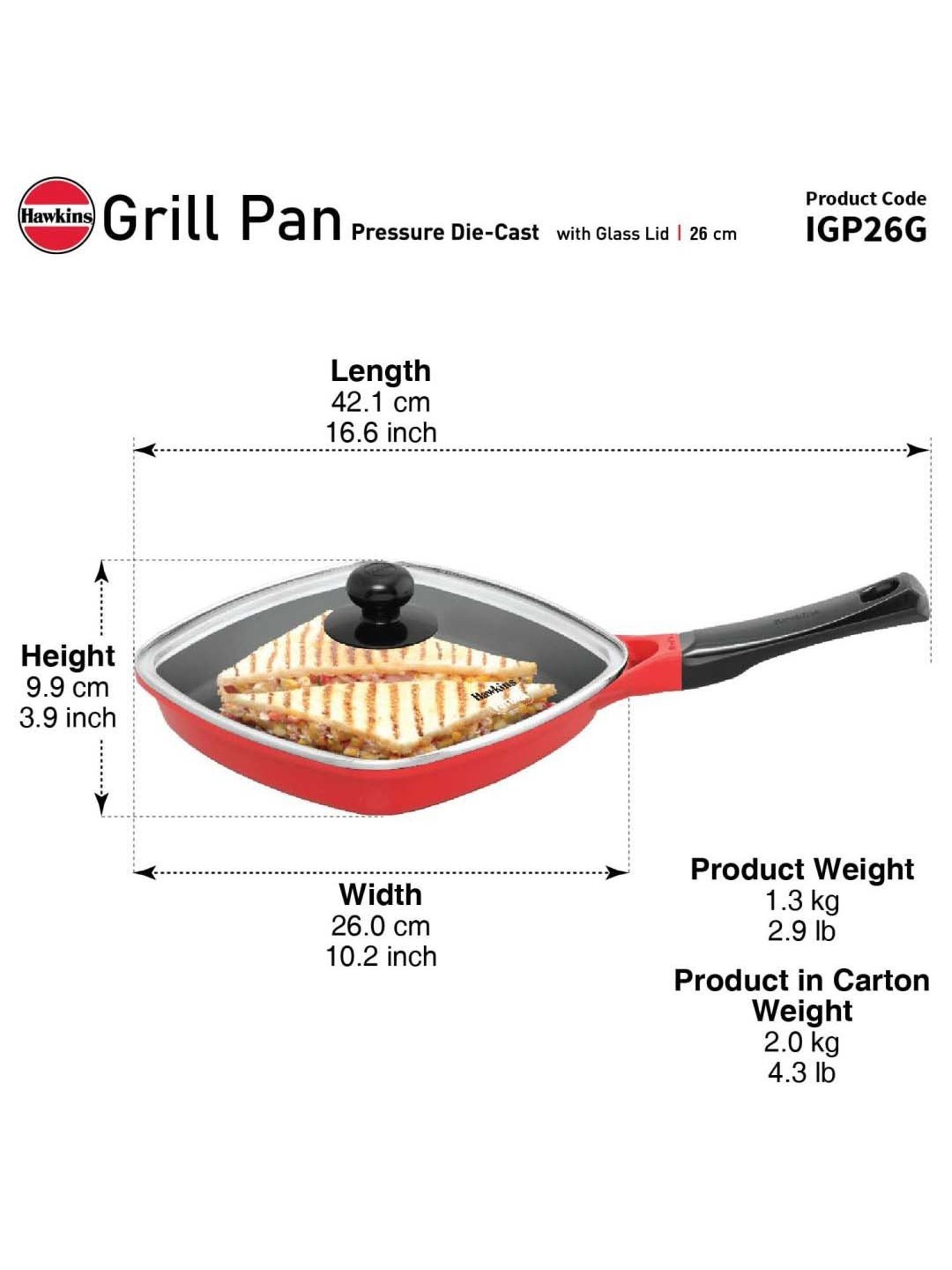 Hawkins Red Ceramic 26 cm Die Cast Square Grilling Pan With Glass Lid (Igp26G) (1.18 L)