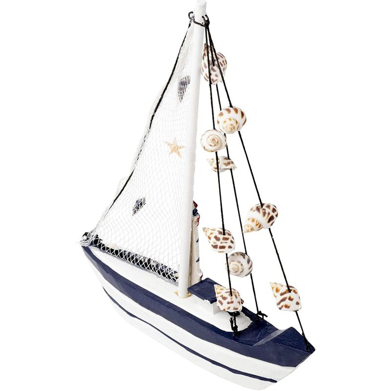 Juvale Wooden Sailing Boat Home Decor, Beach Nautical Design Sailboat Lighthouse & Seashells 0.3x12.8x1.8"