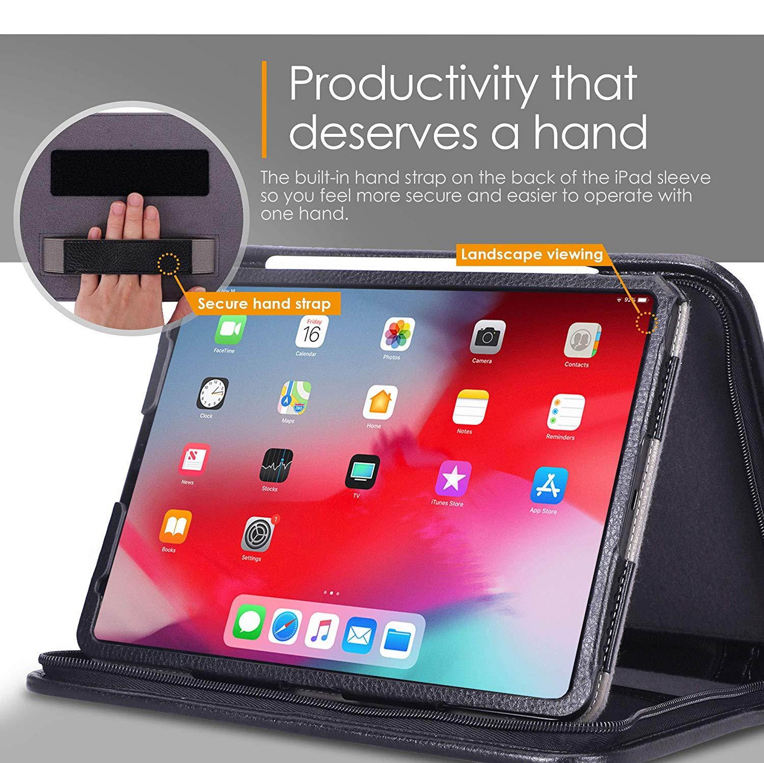 rooCASE iPad Pro 12.9 Case 2018, Premium Executive Portfolio Leather Case, Detachable Sleeve, Document Organizer for Apple iPad Pro 12.9-inch 2018 3rd Generation, Black [Support Apple Pencil Charging]