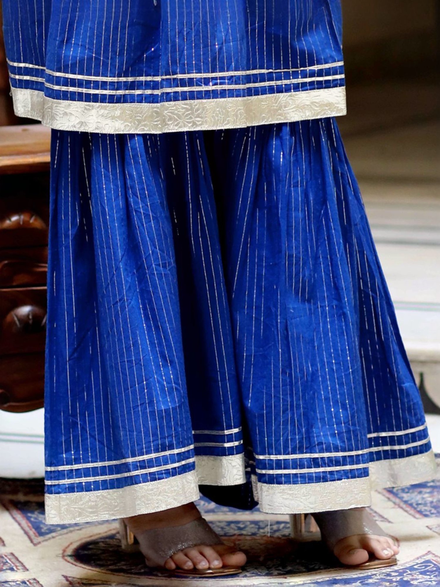 Miravan Blue Cotton Striped Kurti Sharara Set