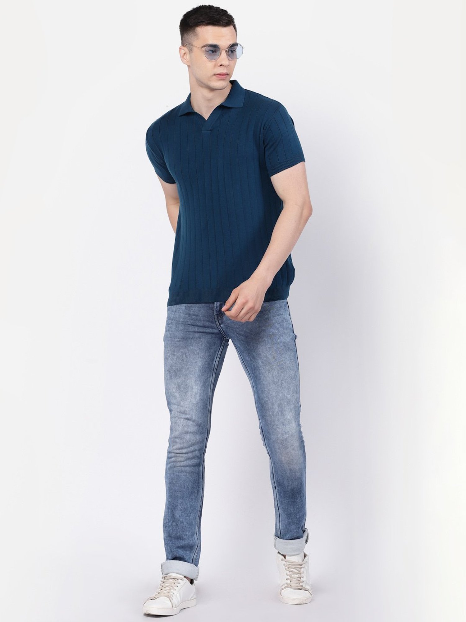 Kalt Teal Regular Fit Striped Polo T-Shirt