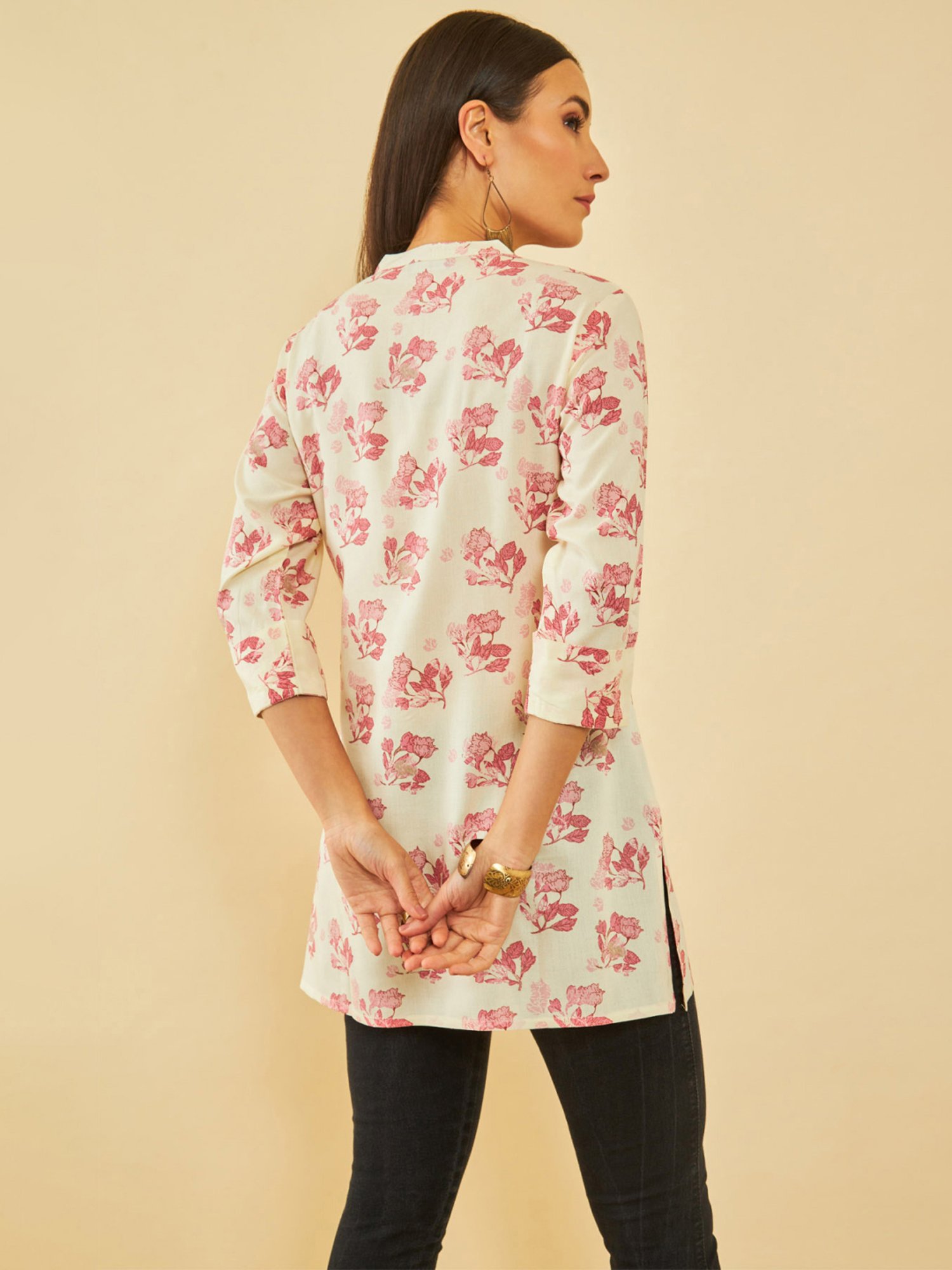 Soch Off White Rayon Floral Printed Tunic With Faux Mirror