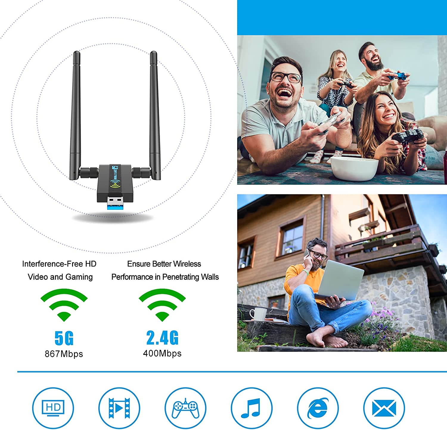 Wireless USB WiFi Adapter for PC: 1300Mbps WiFi USB, 802.11AC WiFi Adapter for Desktop PC, Dual Band WiFi Dongle Wireless Adapter for WIN7 8 10 XP Vista MAC Linux, USB Computer Network Adapters