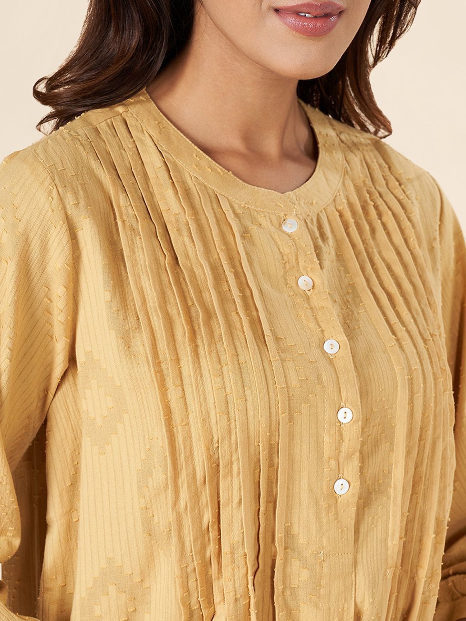 Akkriti by Pantaloons Mustard Cotton Self Pattern Tunic