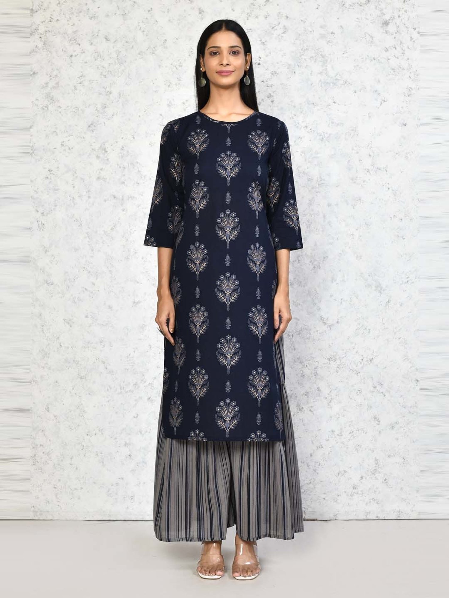 Miravan Blue Cotton Printed Kurta Sharara Set