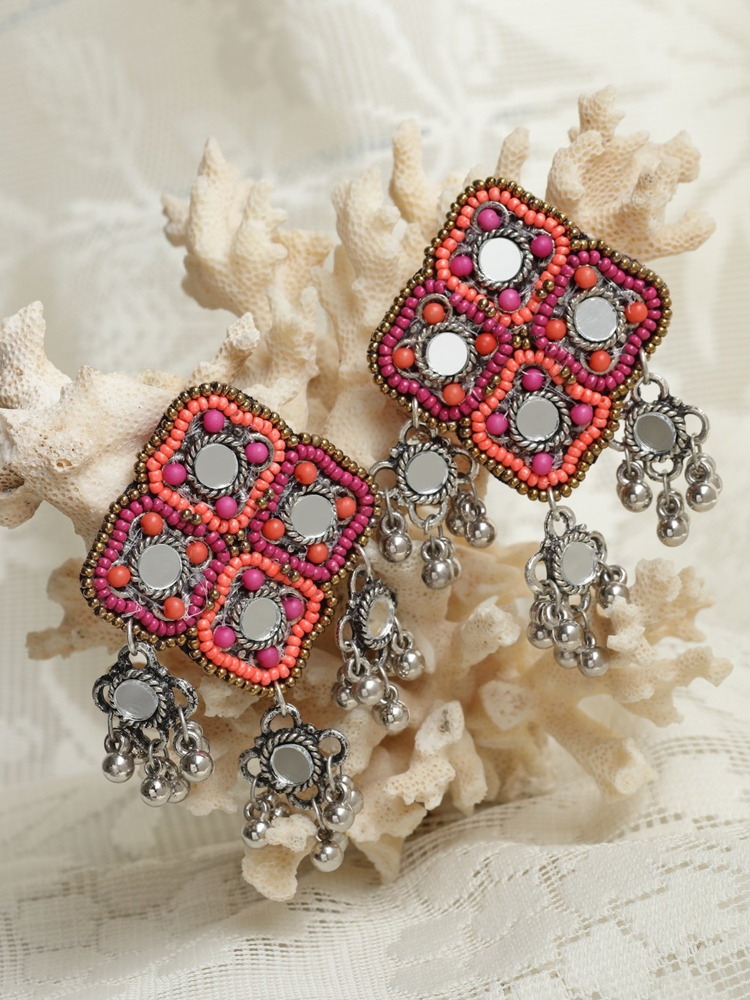 Moedbuille Pink Beads & Mirrors Studded Afghan Design Oxidized Silver-Plated Drop Earrings