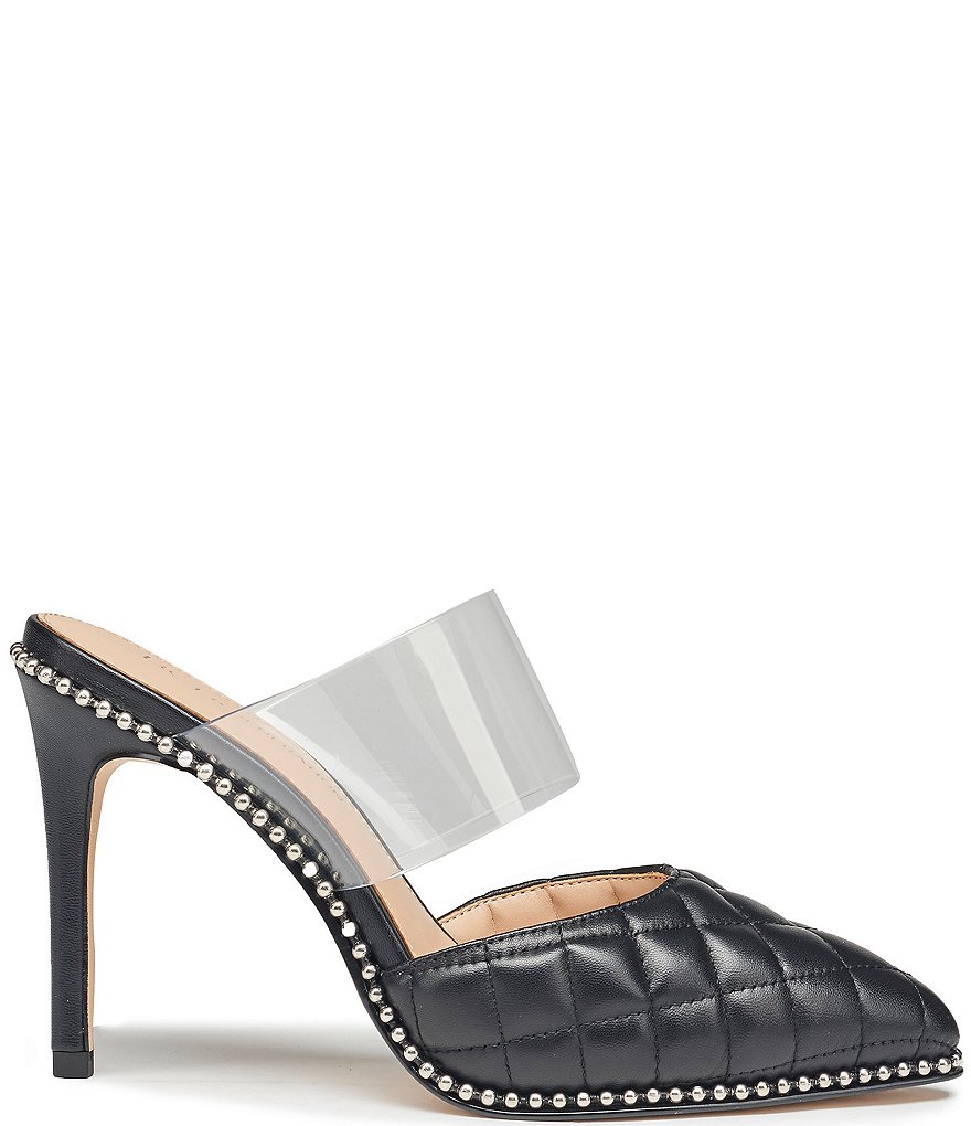 BCBGeneration Harlina Ball Chain Detail Quilt Stitch Leather Clear Strap Mules