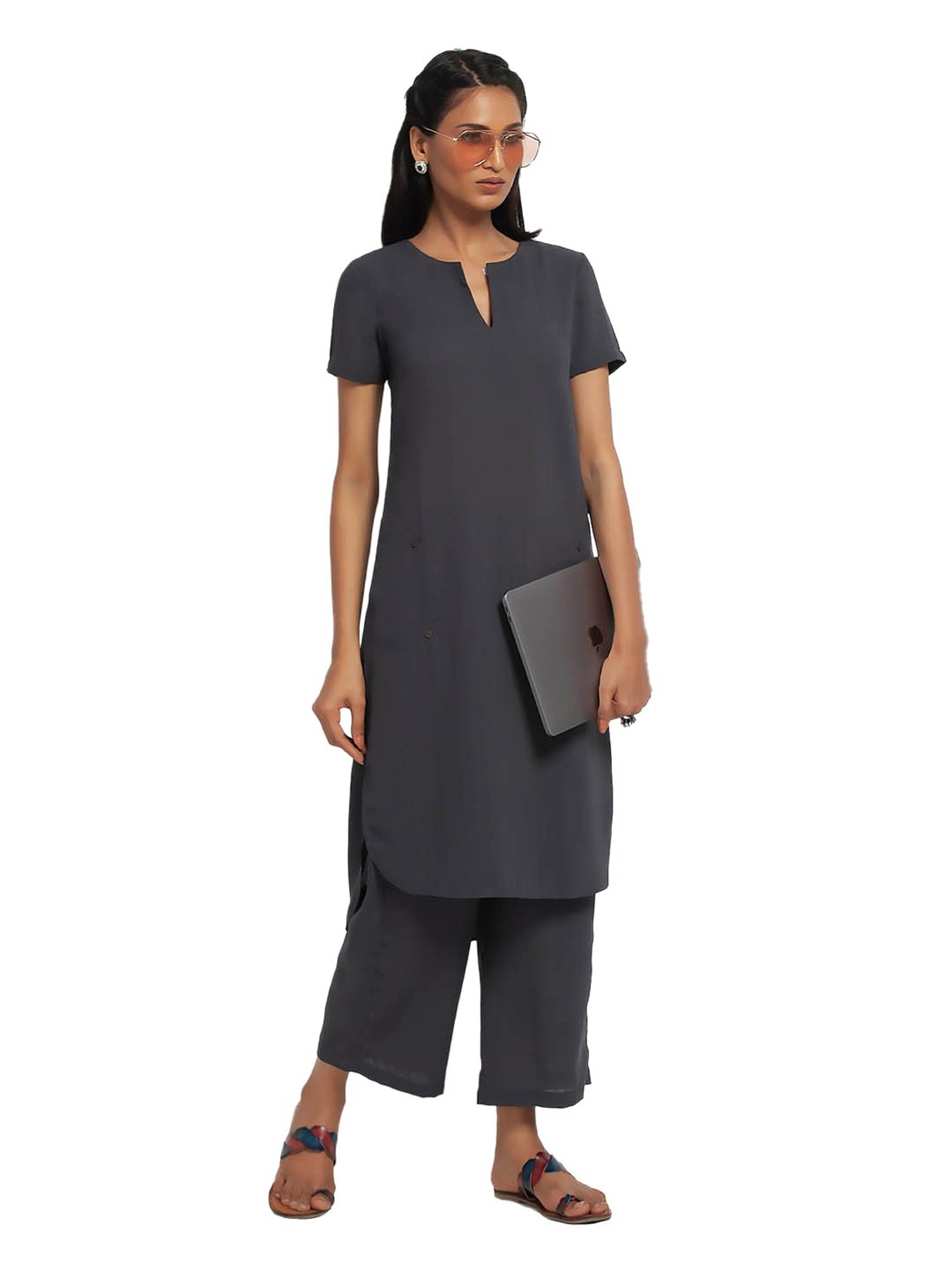 Office & You Grey Straight Fit Kurta
