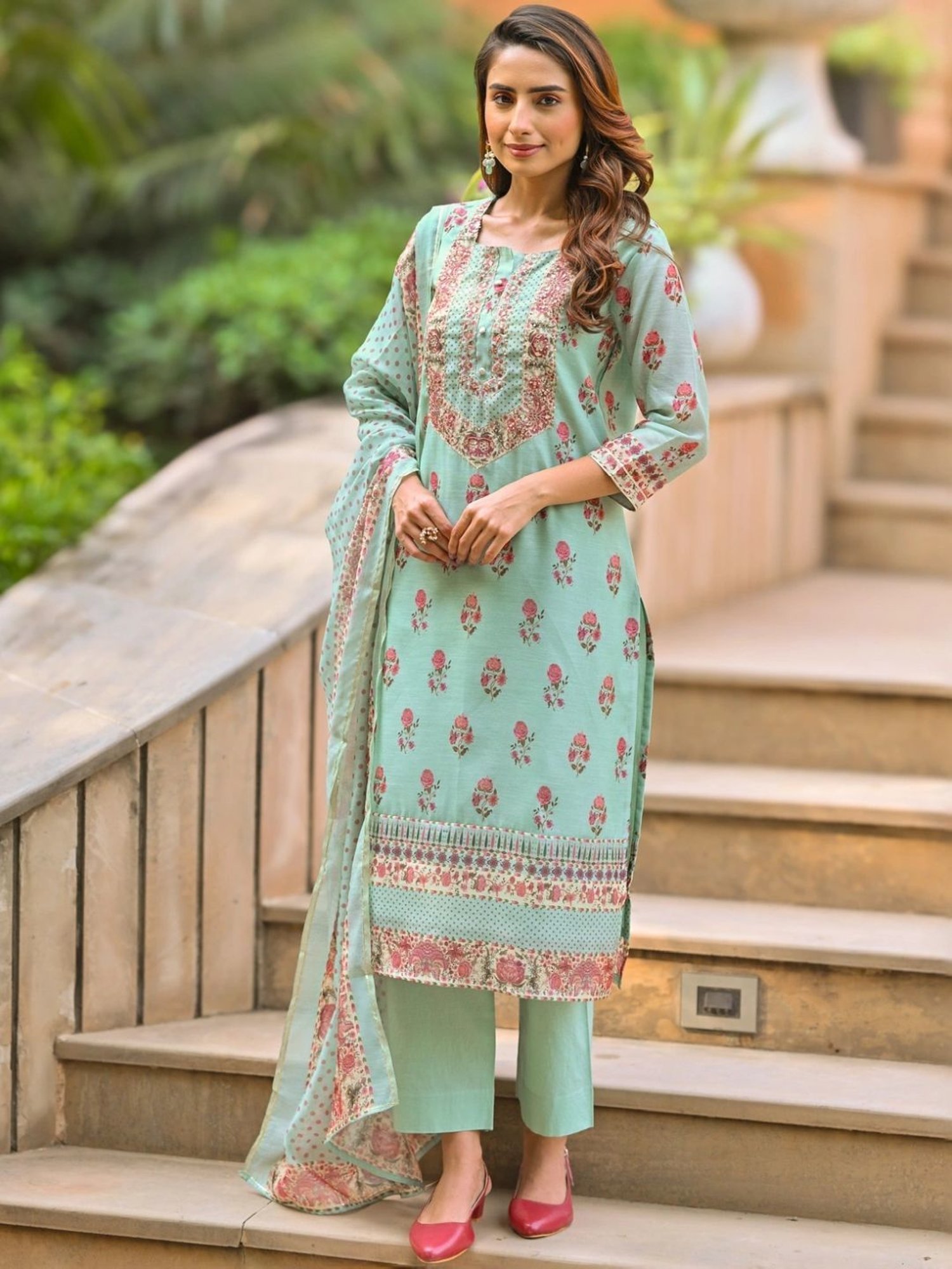 Mahee Jaipur Blue Daman Block Print Chanderi Kurta with Pant and Dupatta