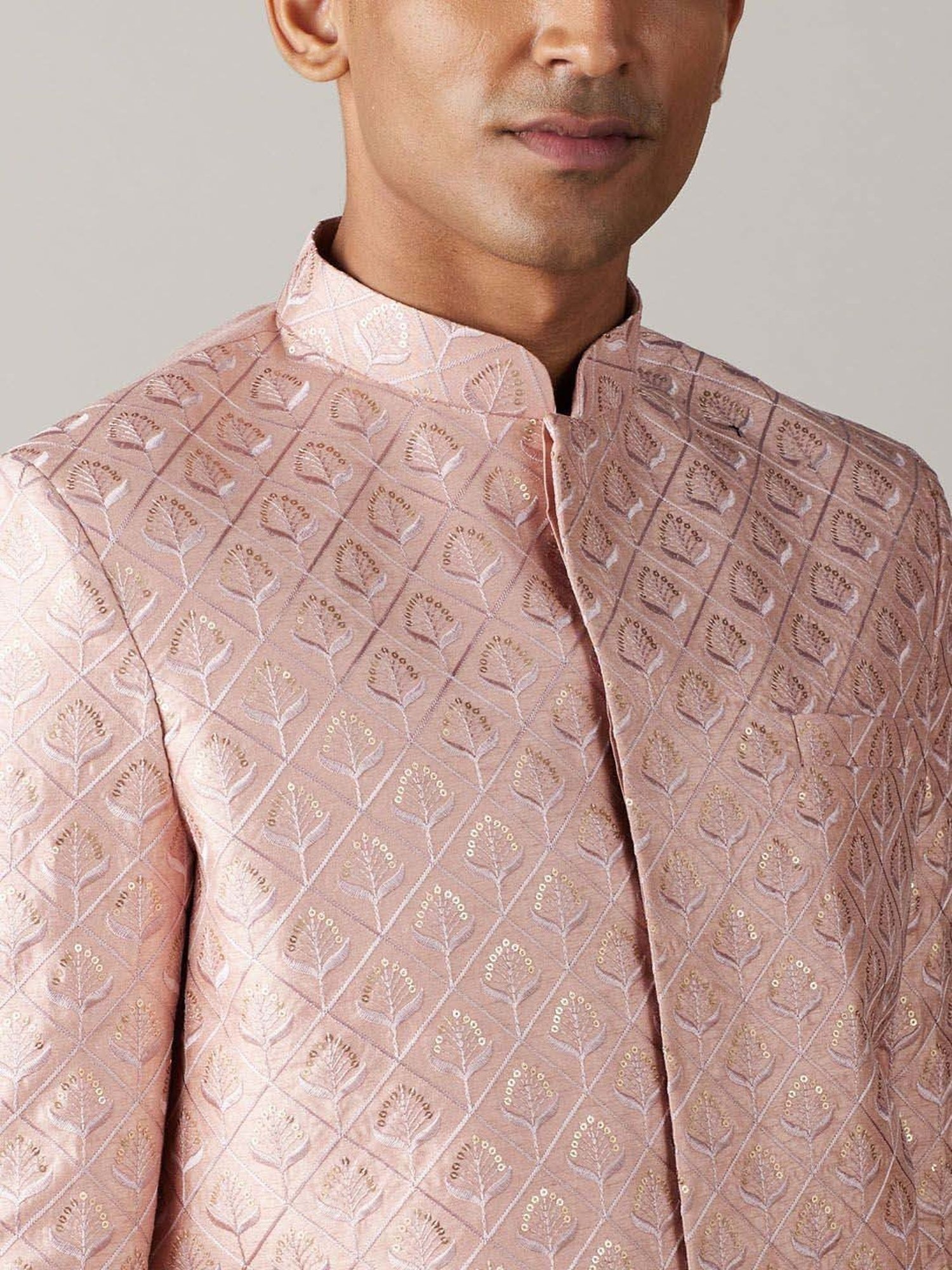 Vastramay Peach & Cream Regular Fit Embroidered Sherwani Set