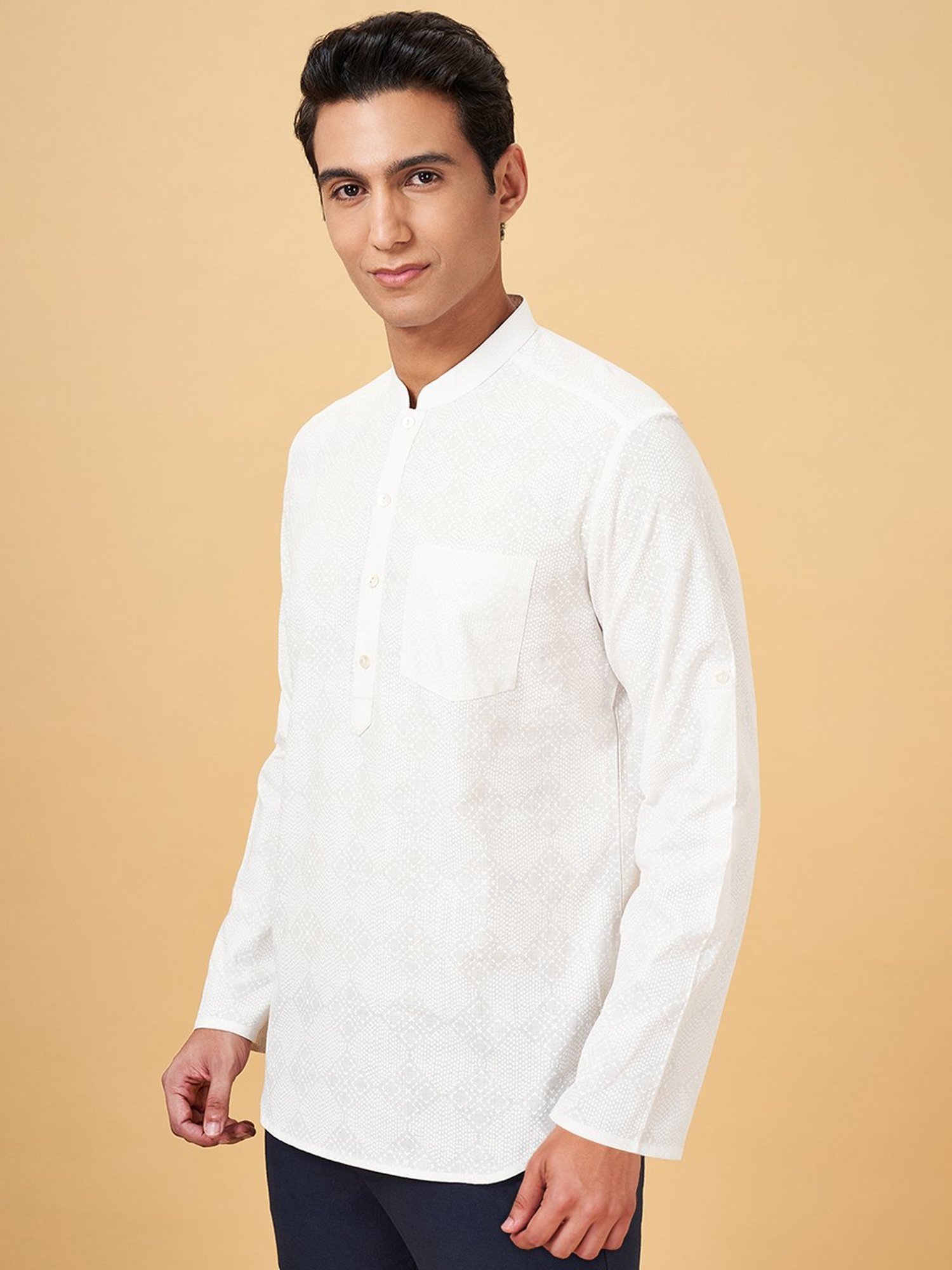 Indus Route By Pantaloons White Pearl Regular Fit Texture Short Kurta