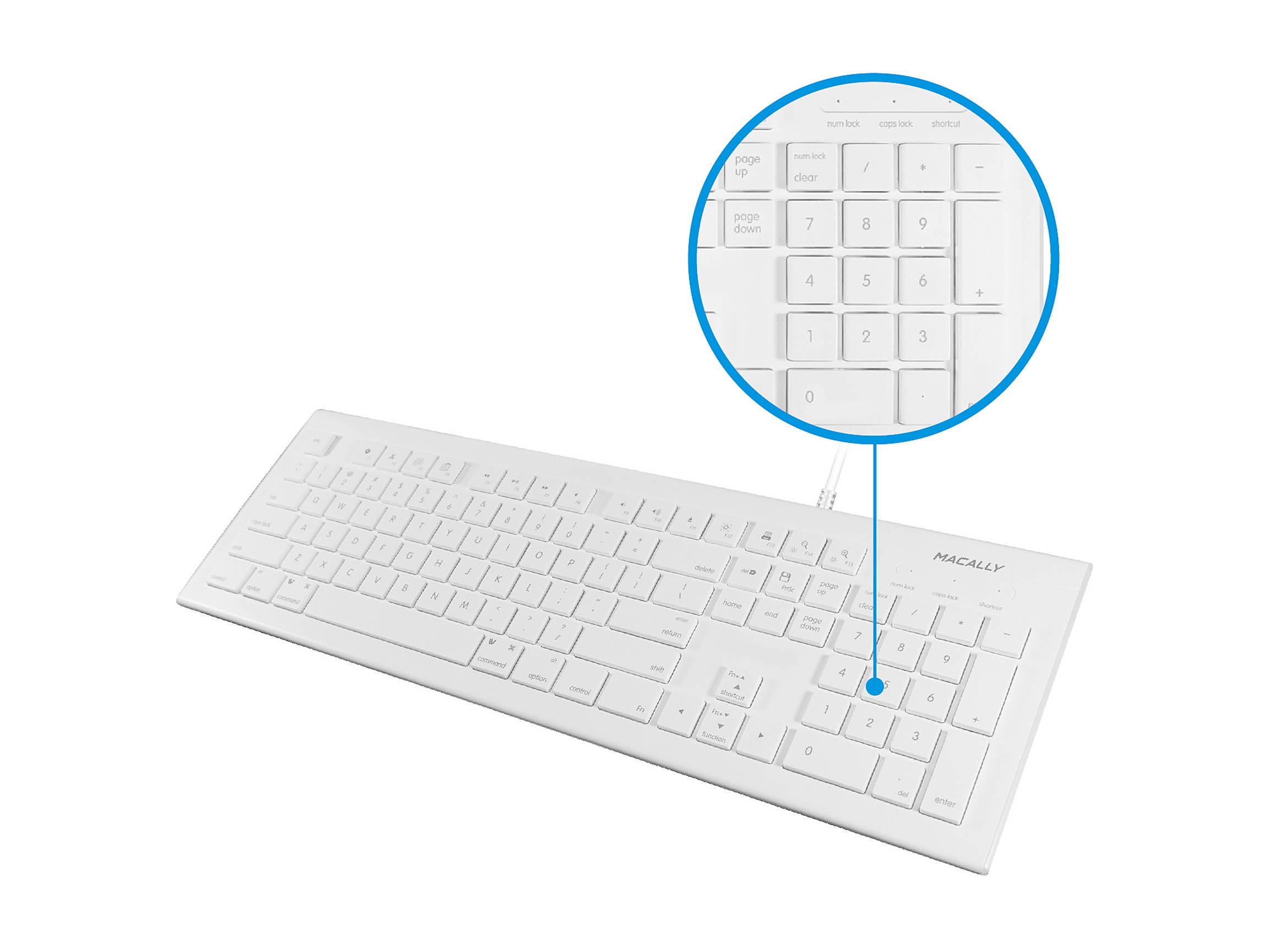 macally 103 Key Full-Size USB Keyboard with Short-Cut Keys White Keyboard