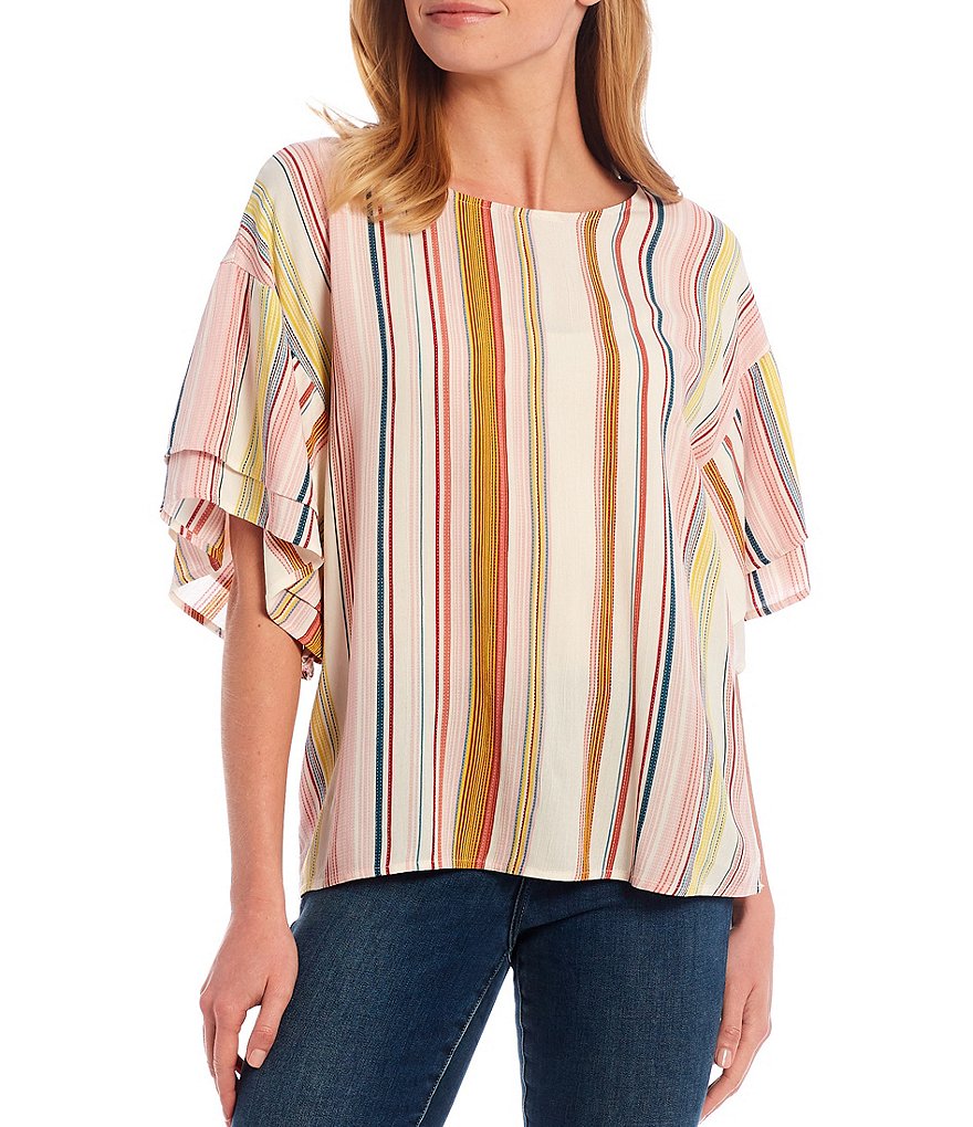 Bobeau Multicolor Stripe Print Double Ruffle Short Sleeve Top
